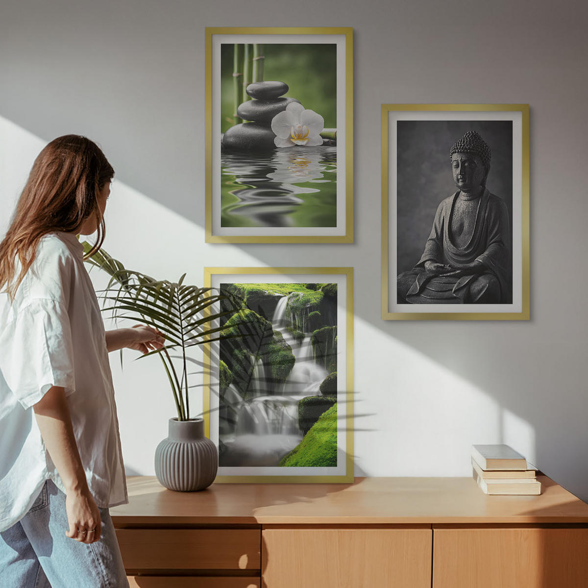 BILDER SET 3er Set - 40x60 cm Goldrahmen - Entspannende Zen-Wassermalerei - Goldfarben, Kunststoff (40/60cm) - TULUP