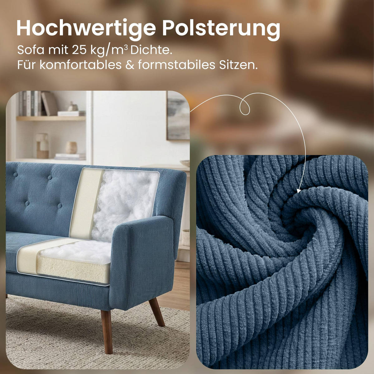 SOFA 120/74 cm Cord Blau - Blau/Braun, Holz/Textil (120/81/74cm) - CLP