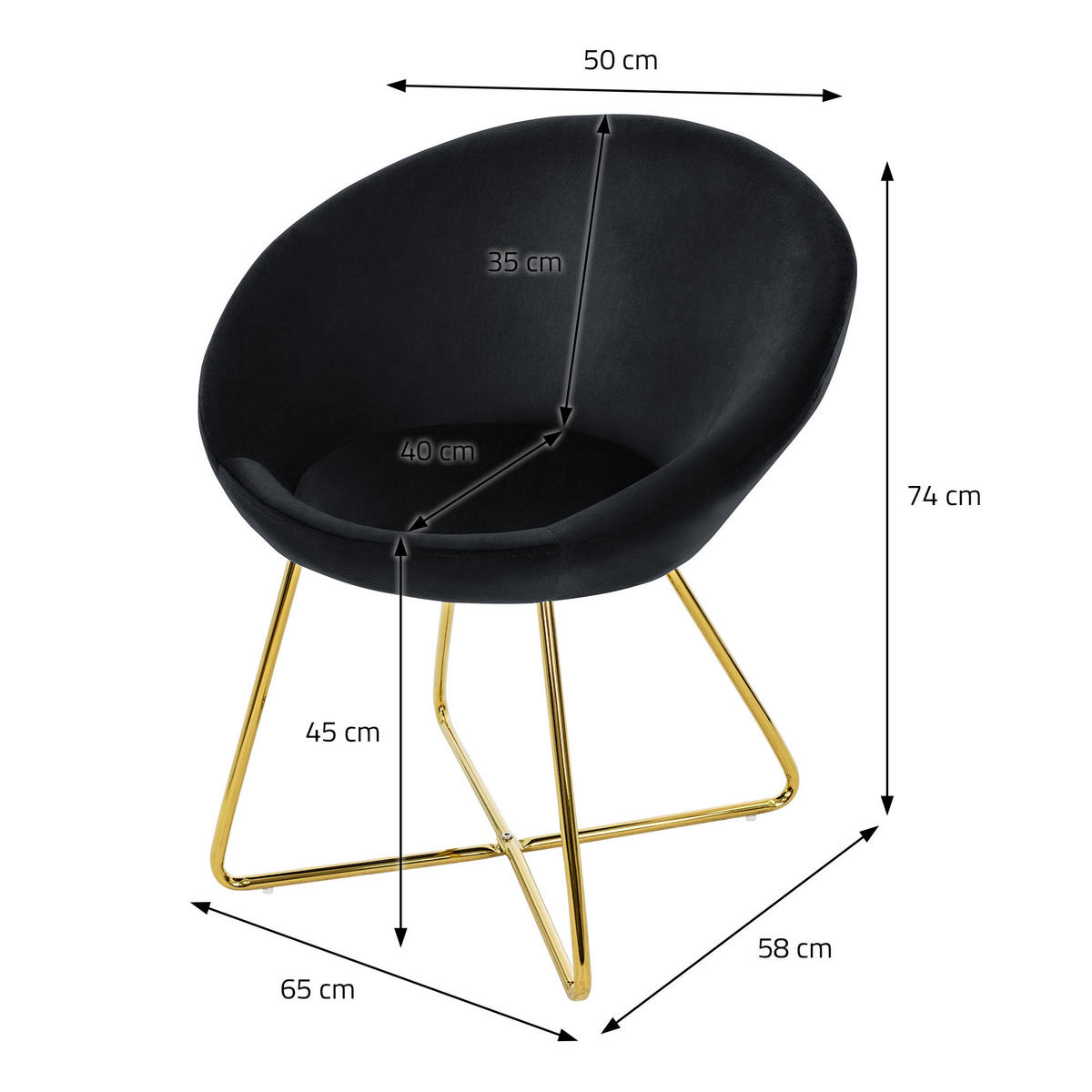 STUHL Samt schwarz - Schwarz, Metall (58/74/65cm) - ML-DESIGN