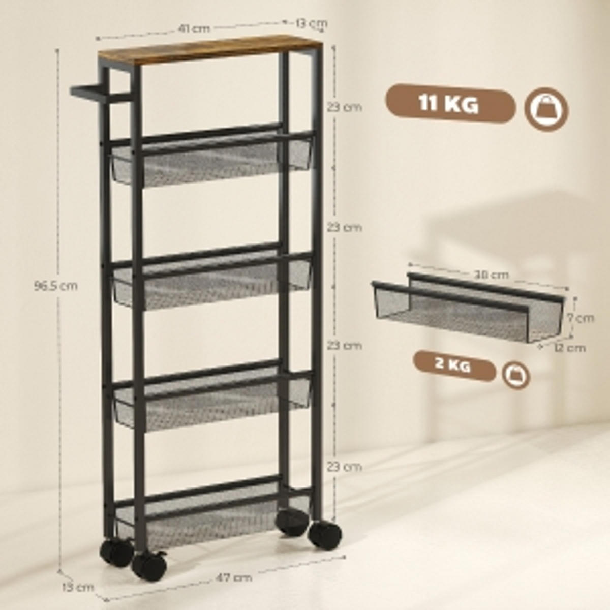 KÜCHENWAGEN 13 cm, Servierwagen mit Arbeitsplatte, 5 EBENEN, 47/13/96,5 cm - Schwarz, Holzwerkstoff (13/96.5/47cm) - Rolipo