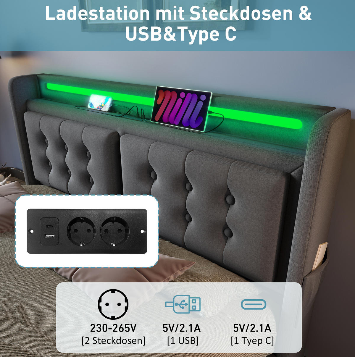 POLSTERBETT 160/200 cm mit LED-Kopfteil, Steckdose, USB-C und Bettkasten aus Baumwoll-Leinenstoff, Grau - Grau, Textil (160/200cm) - Redom
