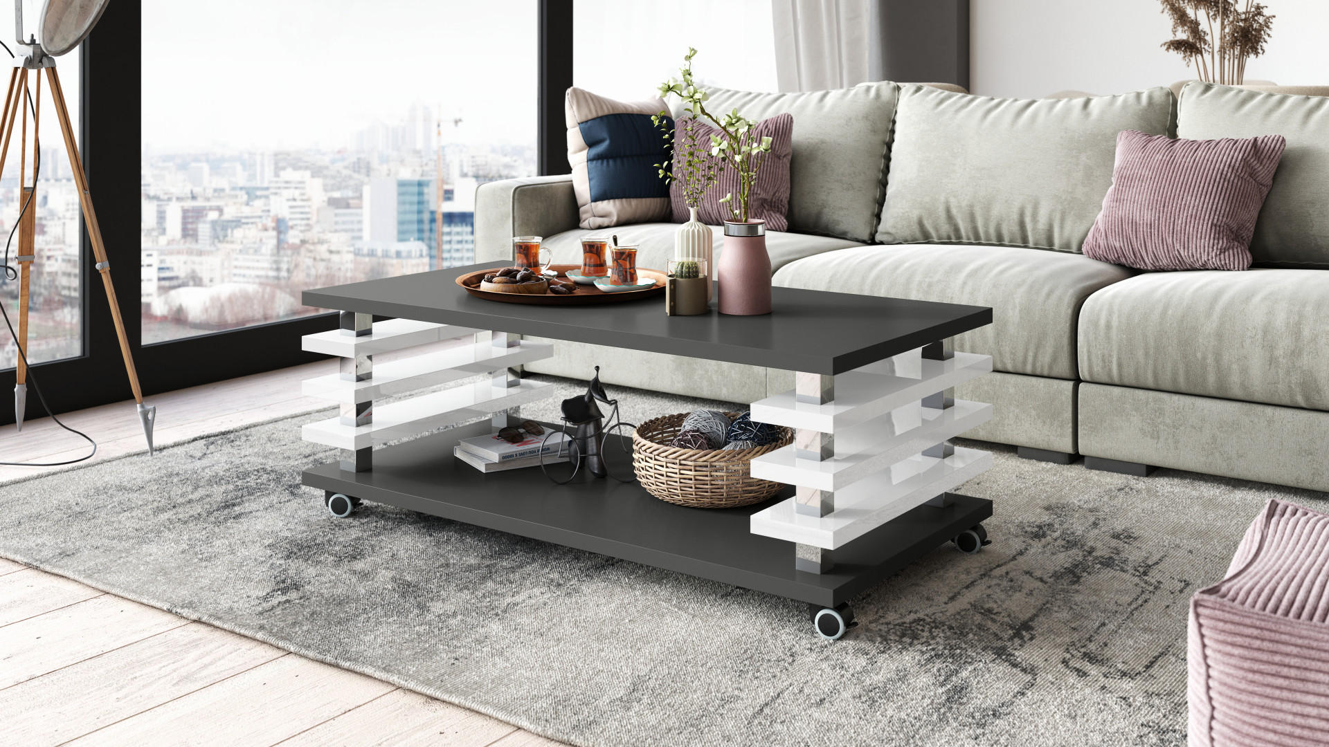 COUCHTISCH rechteckig Anthrazit matt - Weiß Hochglanz Ablage Rollen - Weiß Hochglanz/Anthrazit, Holzwerkstoff (60/120/45cm) - designimpex