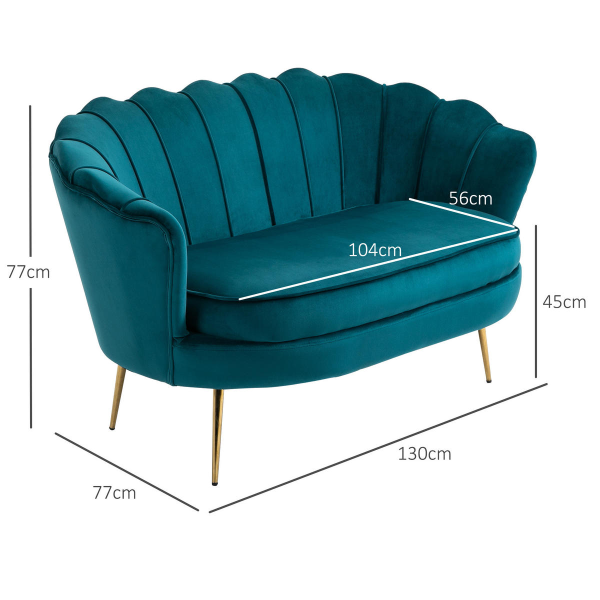 SOFA 2 Sitzer Couch mit Armlehne Dick Gepolstert Polstersofa mit Samtoptik Grün - Dunkelgrün/Goldfarben, Textil/Metall (77/77/130cm) - HOMCOM