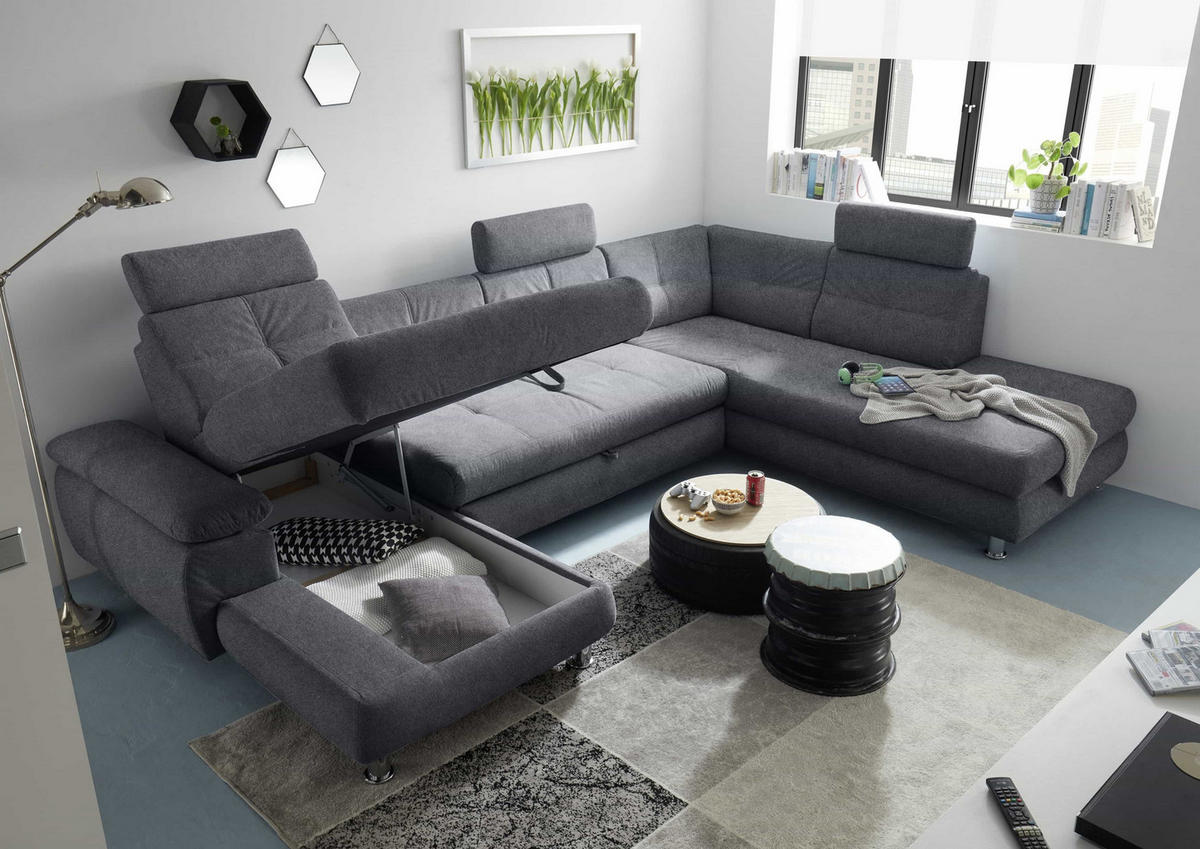 WOHNLANDSCHAFT mit Schlaffunktion, Bettkasten und verstellbaren Arm- und Kopflehnen - Chromfarben/Anthrazit, Textil/Metall (233/88/349cm) - ed exciting design
