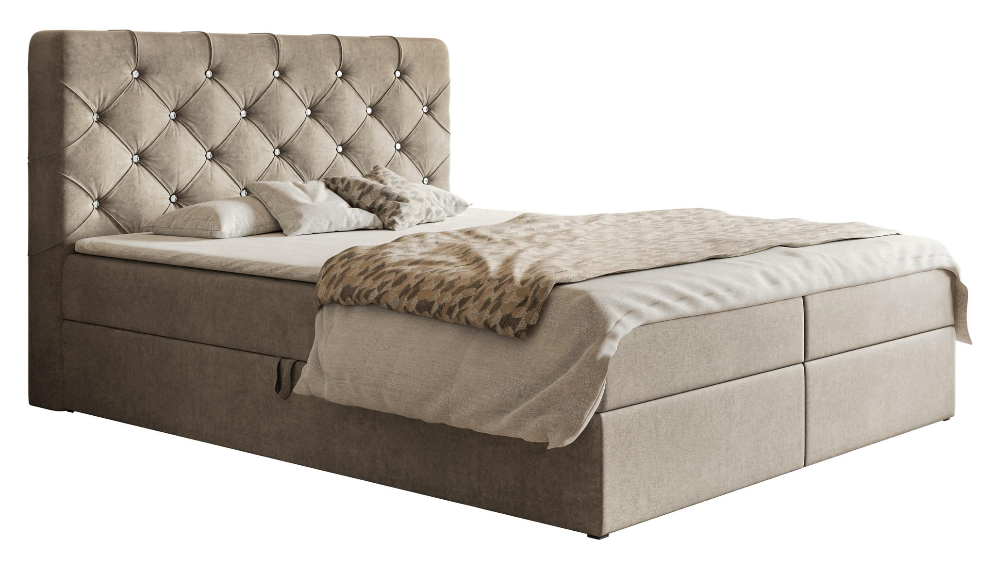 DOPPELBETT mit Matratze 140x200 Polo, Kristallknöpfen, Bettkasten, Beige - Beige, Holz/Textil (140/200cm) - Emporius