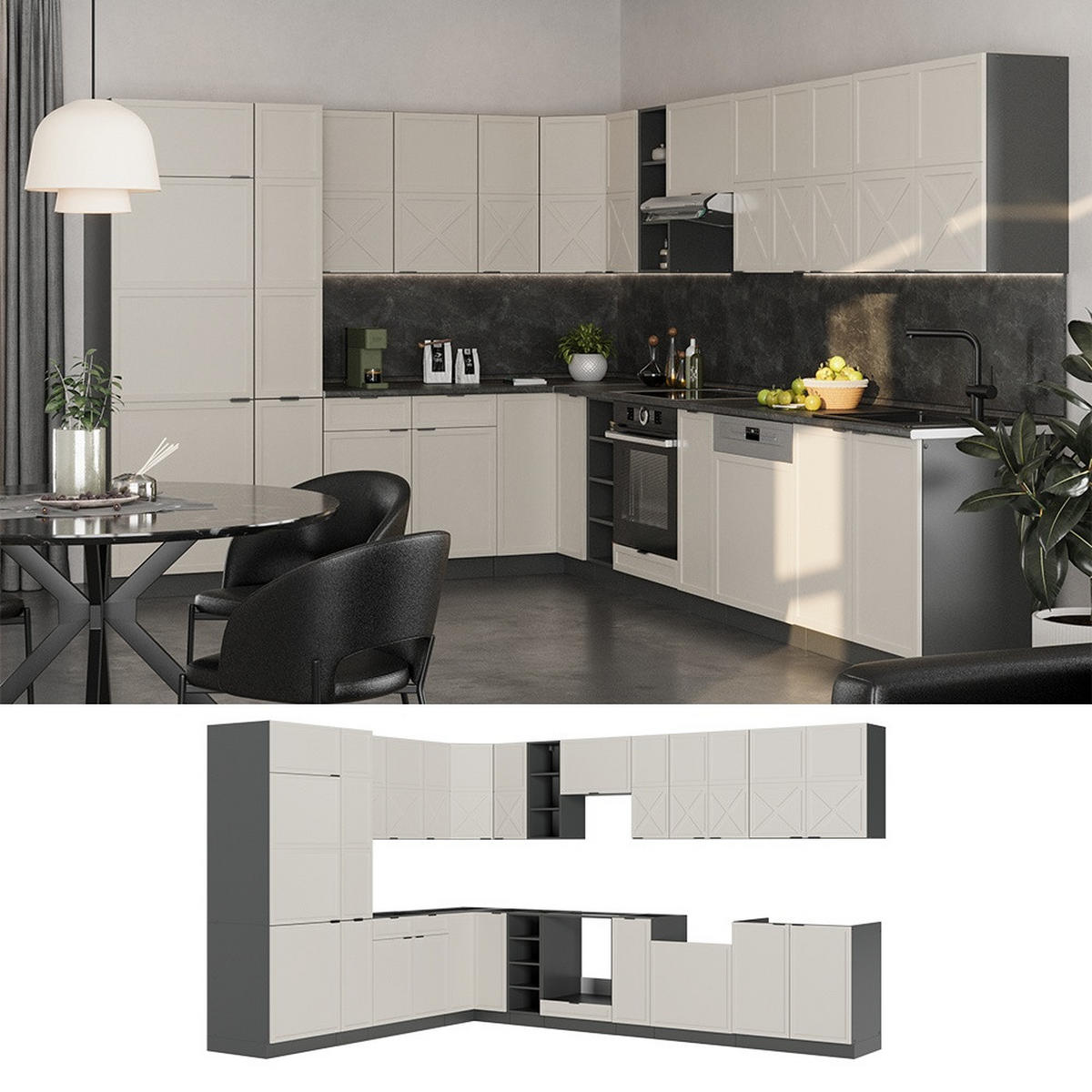 ECKKÜCHE Fame-Line, GrauBeige/Anthrazit, 347 x 257 cm, AP Anthrazit - Greige/Anthrazit, Holzwerkstoff (347/206.8/60cm) - Vicco