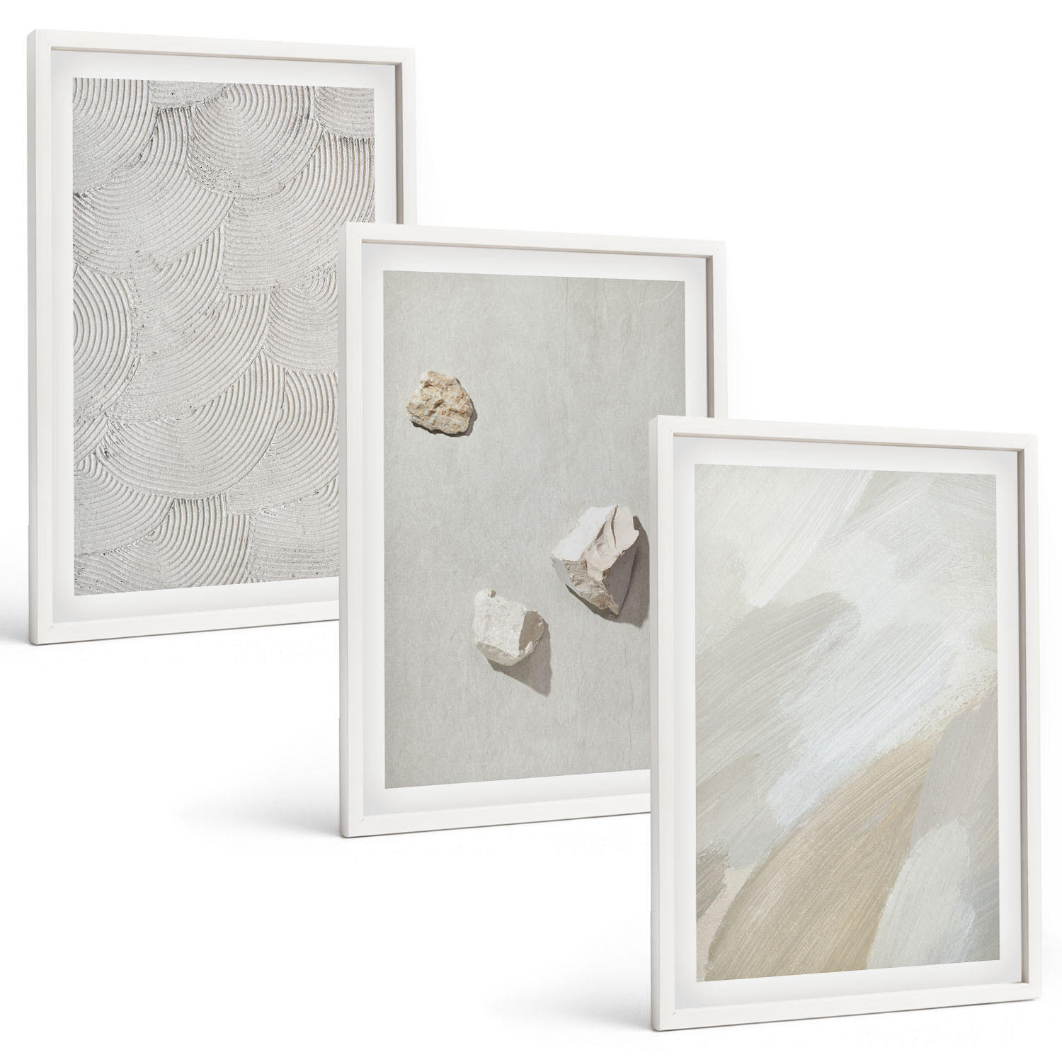 BILDER SET 3er Set - 40x60 cm Weißer Rahmen - Sandsteine moderne Farbe - Weiß, Kunststoff (40/60cm) - TULUP