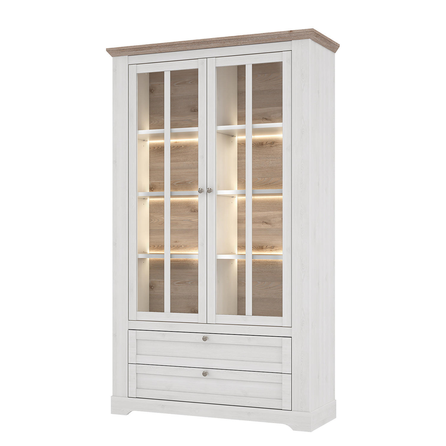 VITRINENSCHRANK - inkl. Beleuchtung - Eiche Weiß Dekor / Eiche Nelson Dekor - Silberfarben/Weiß, Holzwerkstoff/Kunststoff (125/210/44cm) - home24