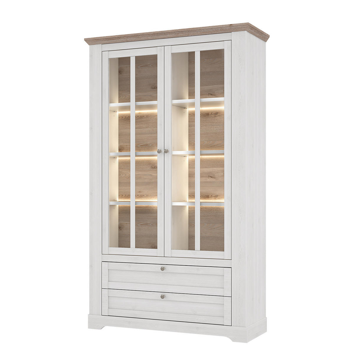 VITRINENSCHRANK - inkl. Beleuchtung - Eiche Weiß Dekor / Eiche Nelson Dekor - Silberfarben/Weiß, Holzwerkstoff/Kunststoff (125/210/44cm) - home24