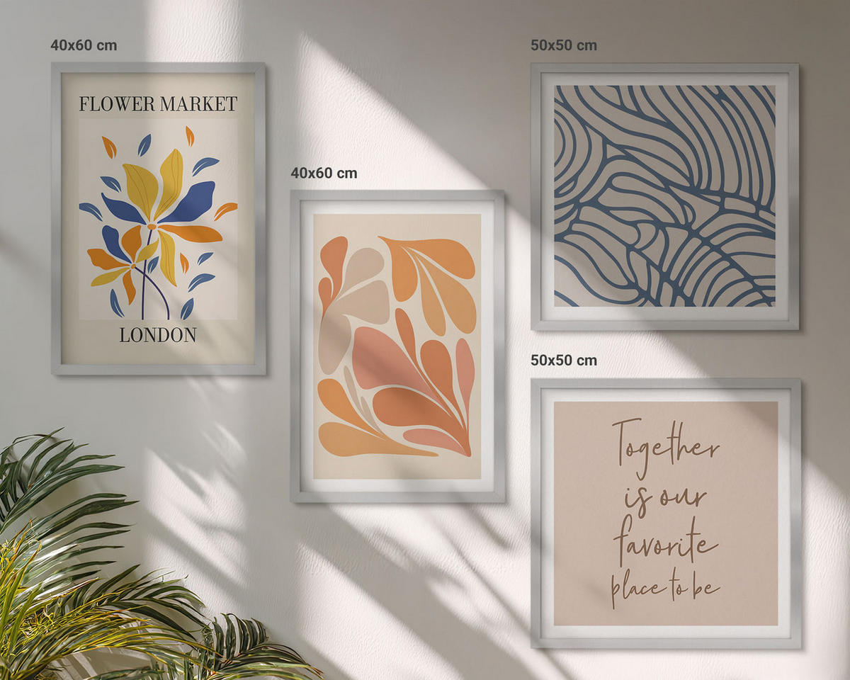 WANDBILDER 4er Set - 50x50 cm & 40x60 cm Silberner Rahmen - Moderne abstrakte Blumen - Silberfarben, Kunststoff (50/50cm) - ArtPrintCave