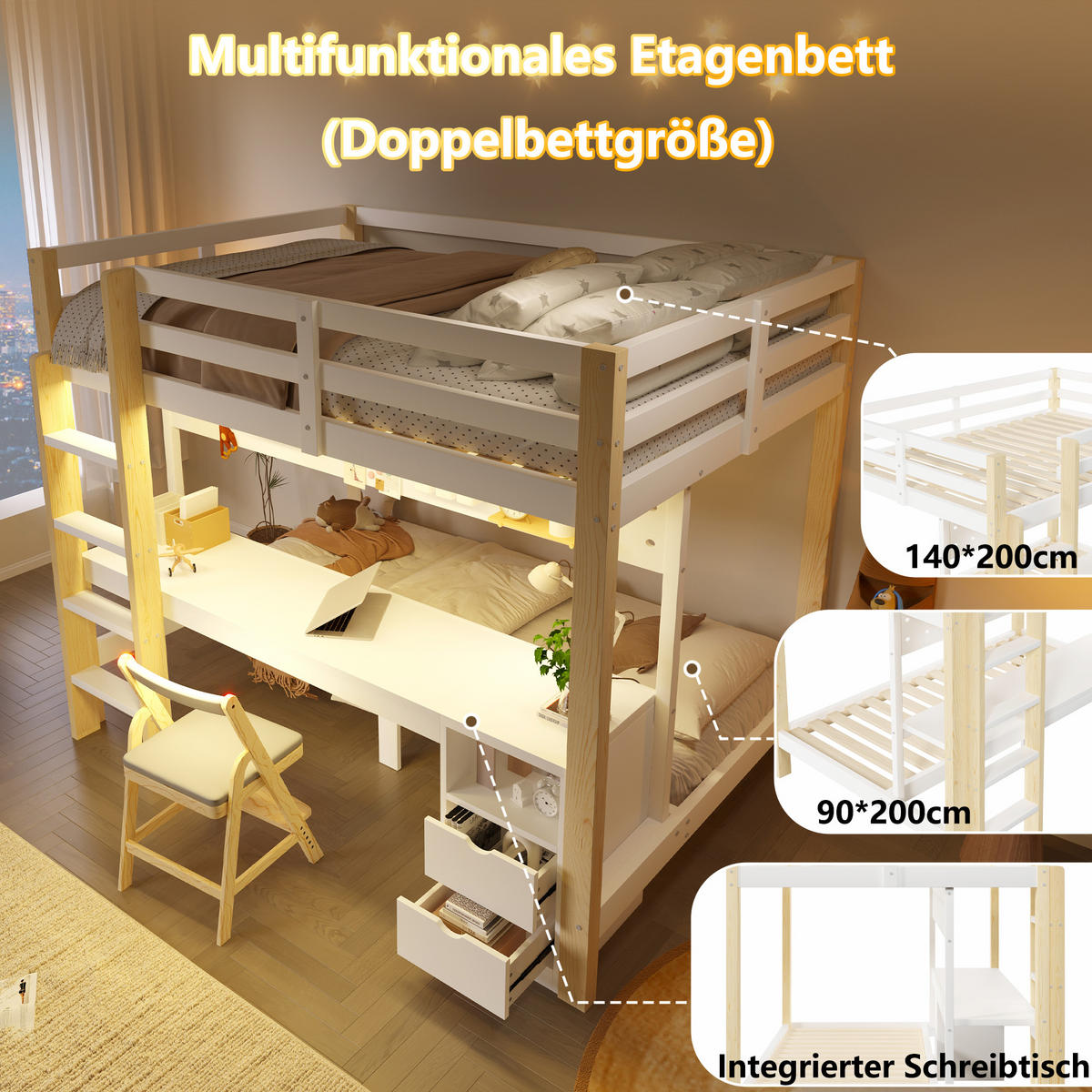 HOCHBETT 90/200 cm & 140/200 cm in Natur/Weiß mit Schubladen, Schreibtisch, Lochplatte und LED - Weiß/Naturfarben, Holz/Holzwerkstoff (140/200cm) - CHICFURN