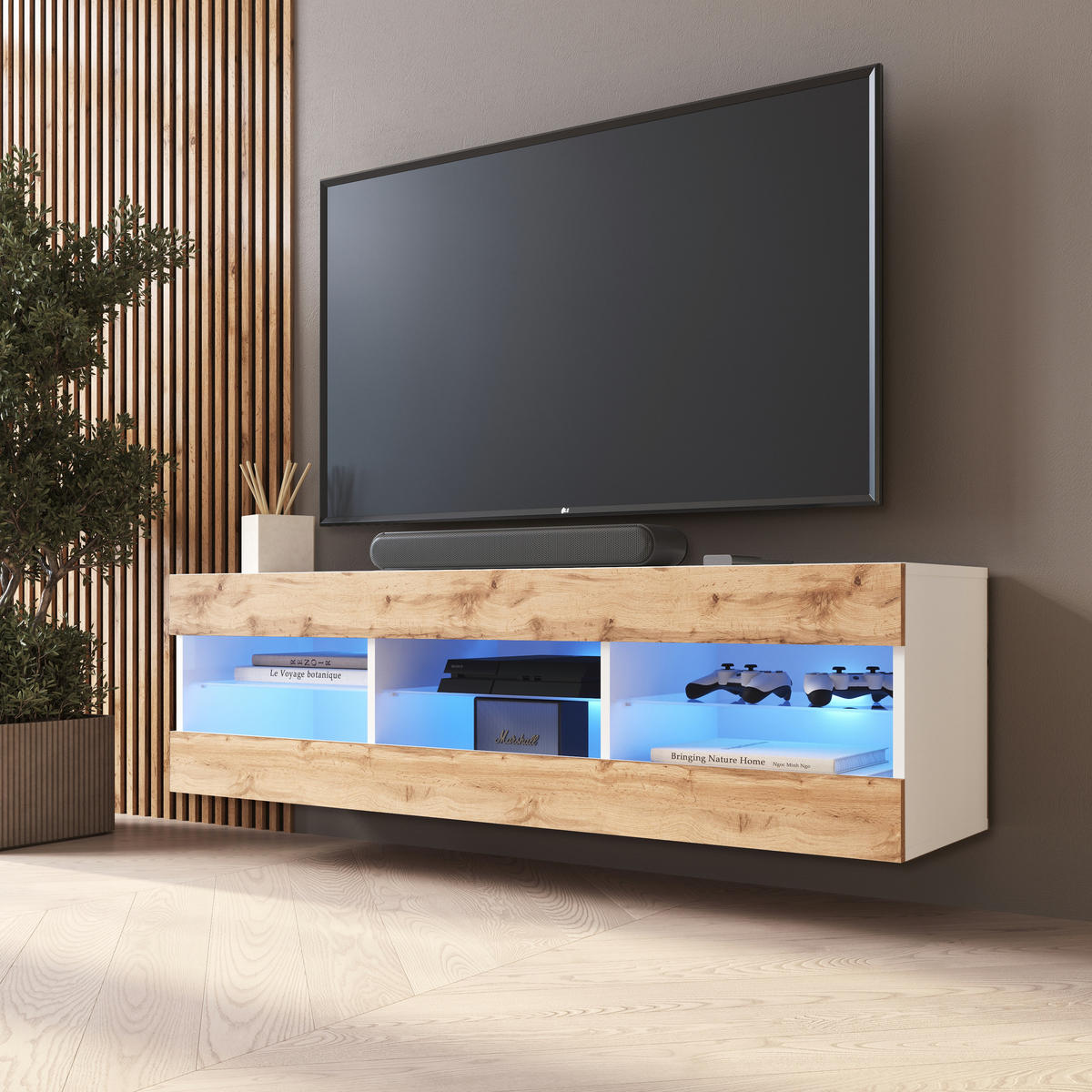 LOWBOARD TIVOLI RTV 140, Wotan, LED Blau - Eiche Wotan/Weiß, Glas/Holzwerkstoff (140/40.5/35.5cm) - Komodee