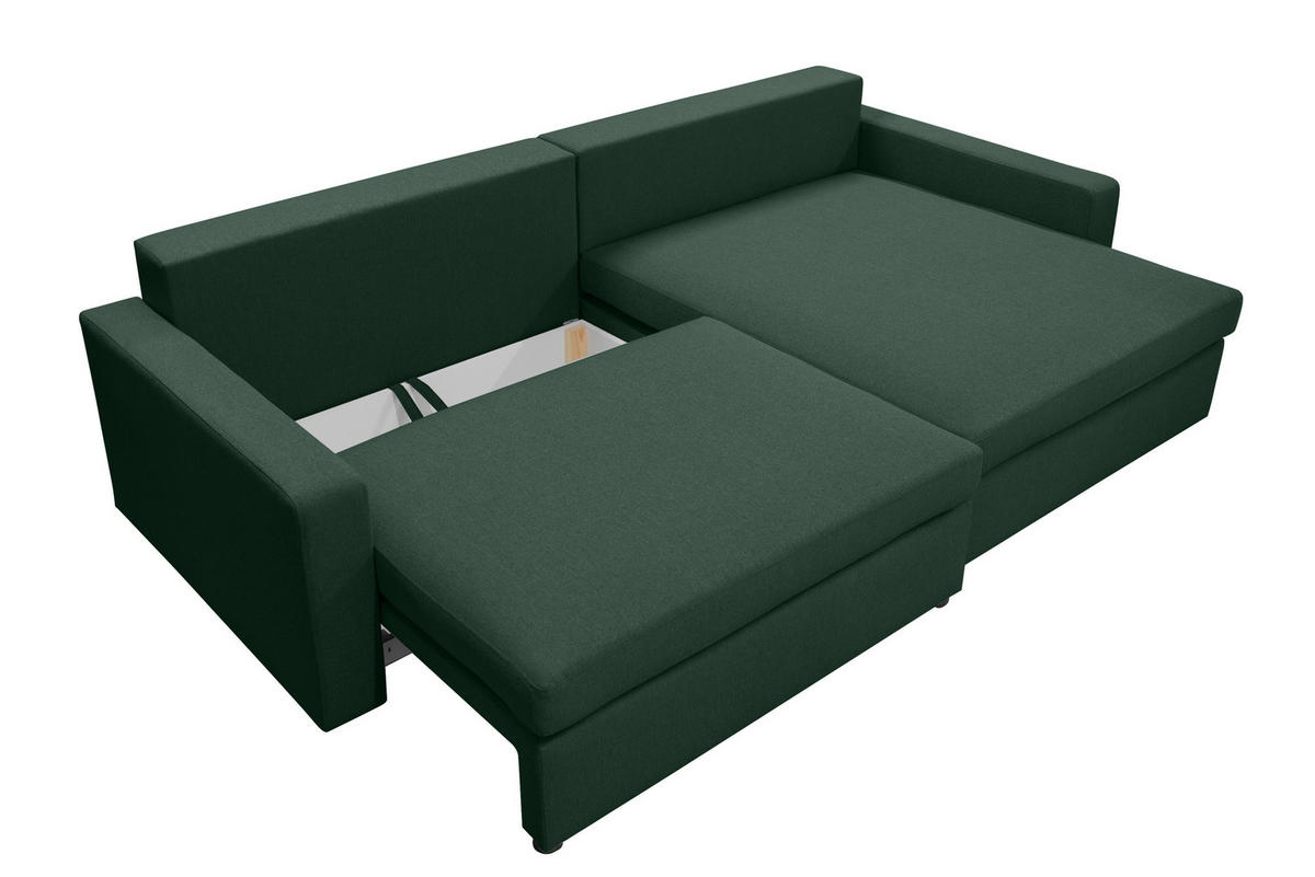 ECKSOFA Mit Schlaffunktion Und Bettzeugablage LUBEKA Stoff Faro Grün Rechts - Grün, Holz (224/147cm) - Kaiser Möbel