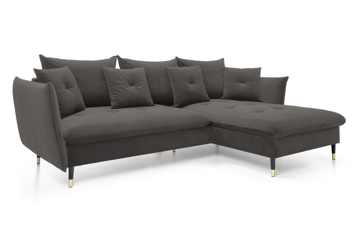 ECKSOFA GLAM mit Schlaffunktion, Ottomane & goldenen Füßen – Samtsofa im Glamour-Stil mit Zierkissen, 258x167x91 cm, rechte, dunkelgrau​ - Dunkelgrau, Holz/Textil (258/167cm) - DomoHome