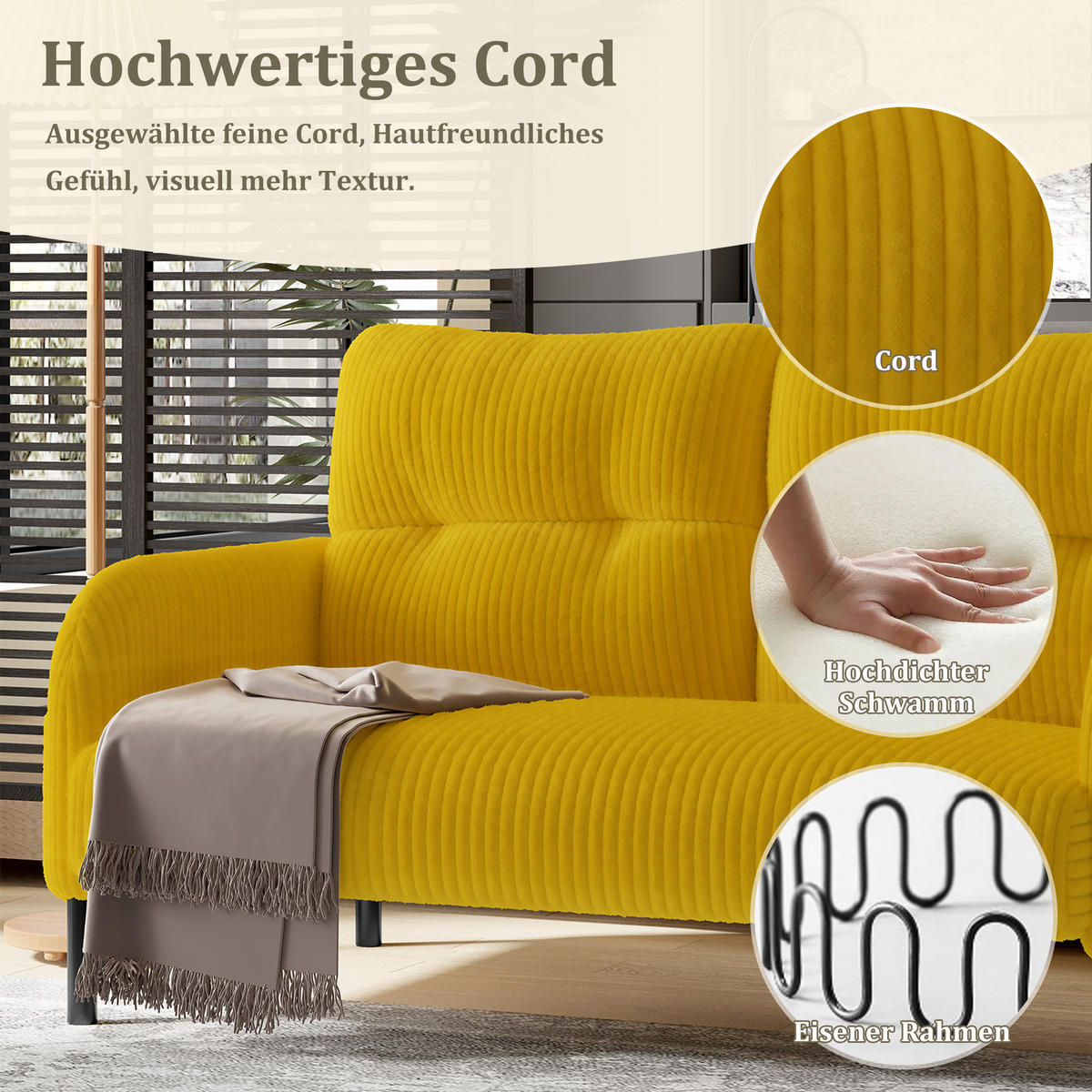 2-SITZER-SOFA Stoffcouch mit Seitentaschen,Cord,Gelb - Gelb, Textil (120/79/75cm) - LVHOM