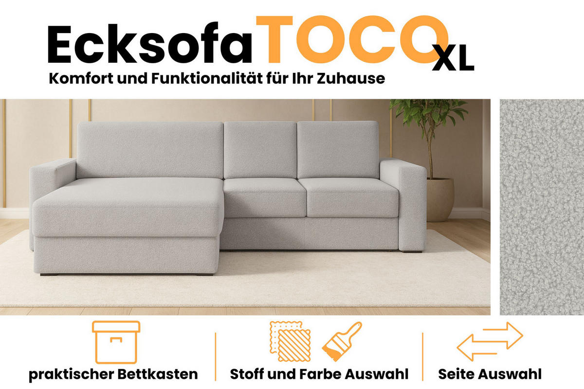 ECKSOFA TOCO XL 275/170 cm in Boucle Hellgrau links - Anthrazit, Holz/Holzwerkstoff (275/170cm) - Deine Möbel 24