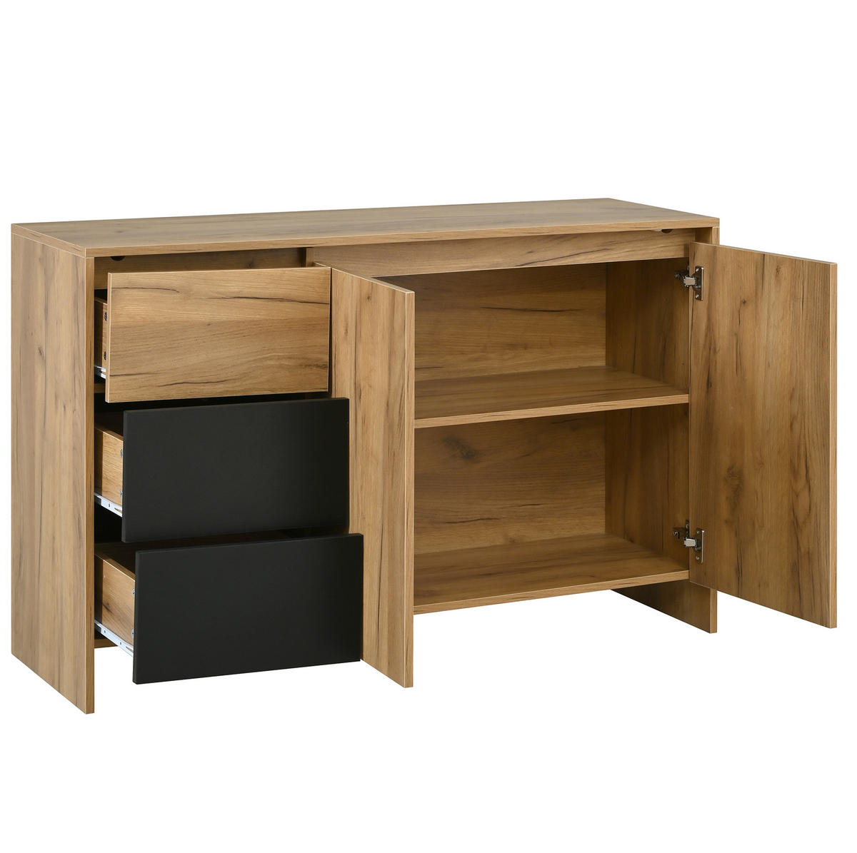 SIDEBOARD 120/40/76 cm mit LED-Beleuchtung, 3 Schubladen, 2 Türen und verstellbarem Einlegeboden aus Spanplatte, Natur/Schwarz - Schwarz, Holzwerkstoff (120/76/40cm) - Redom