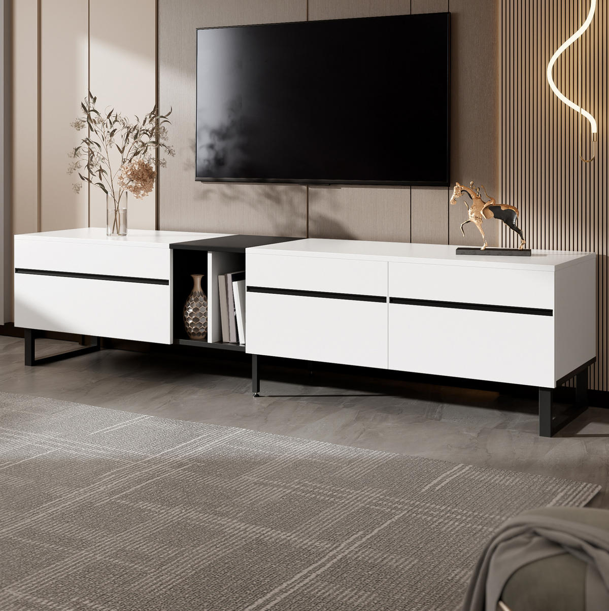 TV-LOWBOARD aus Spanplatte 180x38x45 cm Weiß mit Klappfach, offenen Fächern und Türen - Weiß, Holzwerkstoff (180/45/38cm) - IVMEU