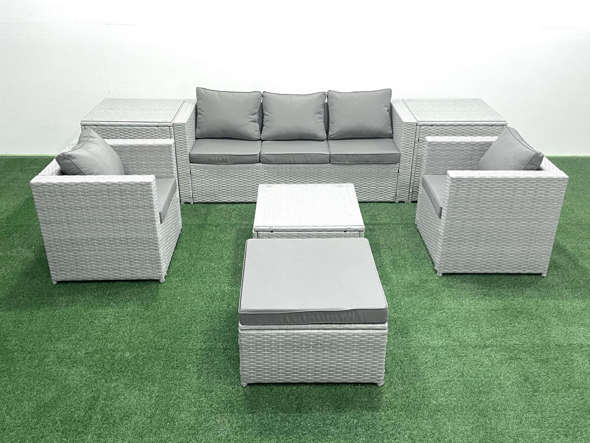 GARTENMÖBEL-SET mit Kissen Polyrattan Hellgrau-Mix 6-Sitzer - Hellgrau/Grau, Glas/Kunststoff - Fimous
