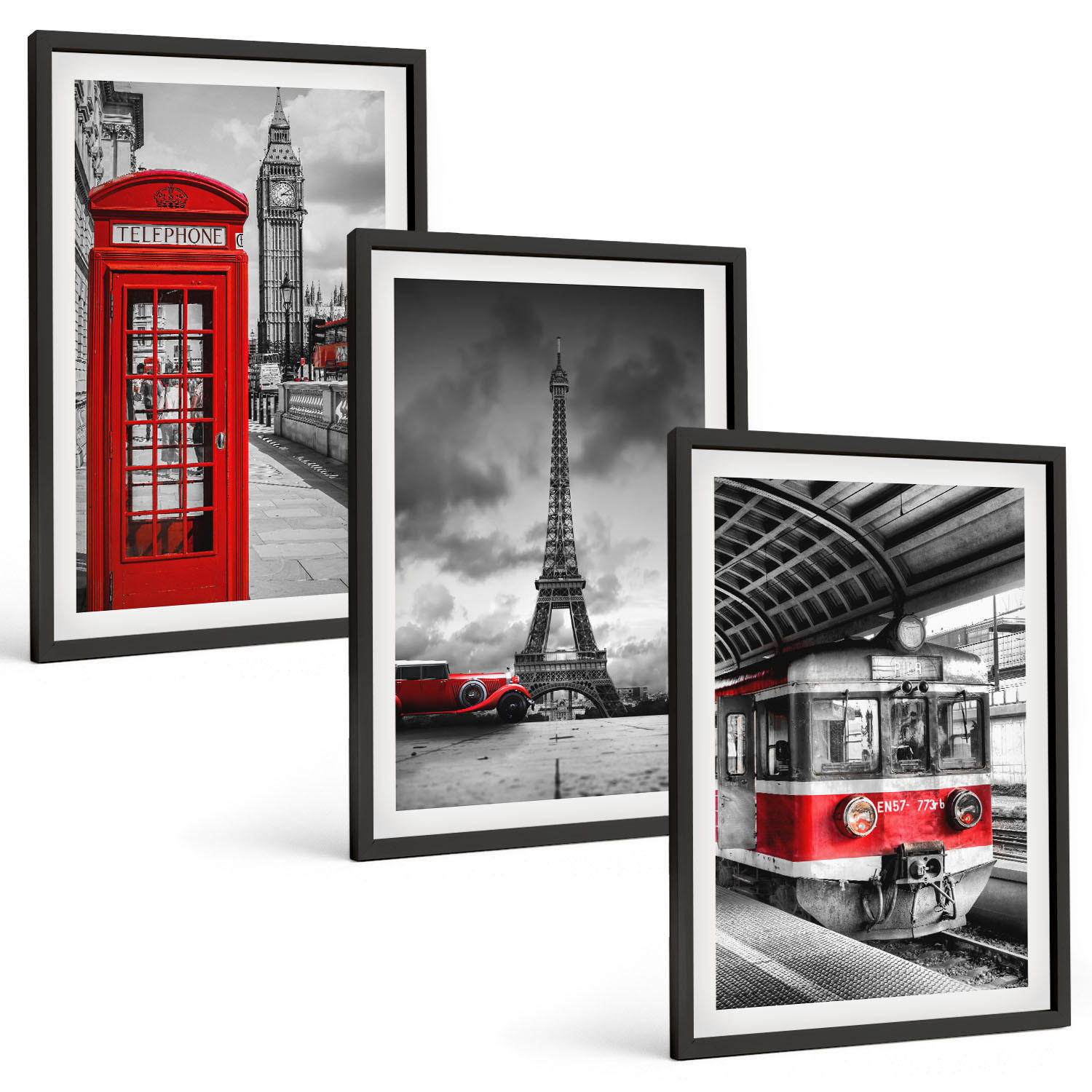 BILDER SET 3er Set - 40x60 cm Schwarzer Rahmen - Ikonen London Paris Verkehr - Schwarz, Kunststoff (40/60cm) - TULUP