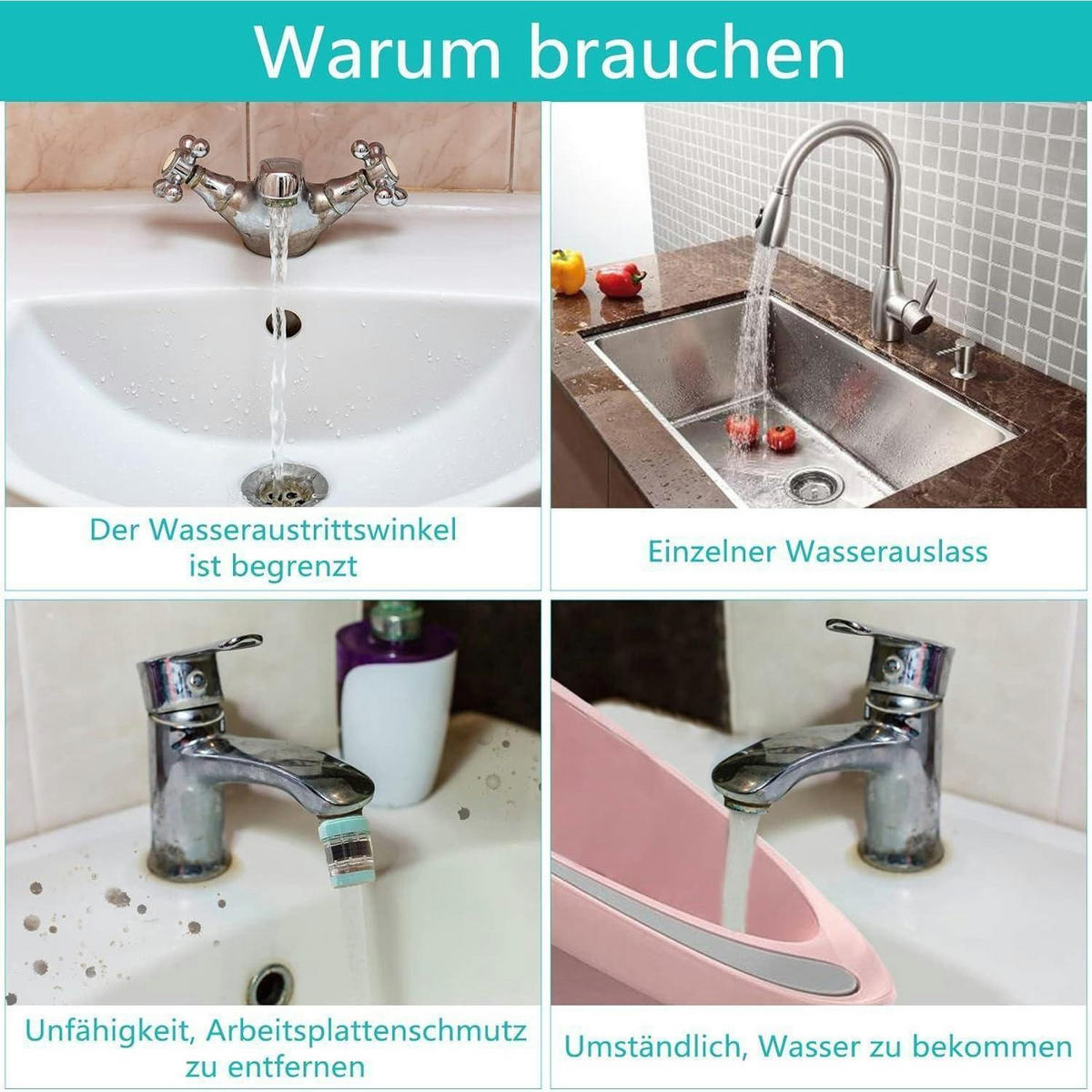 WASSERHAHN Verlängerung 1080 Grad drehbar mit 2 Wasserauslassmodi - Silberfarben, Metall (4/6/10cm)