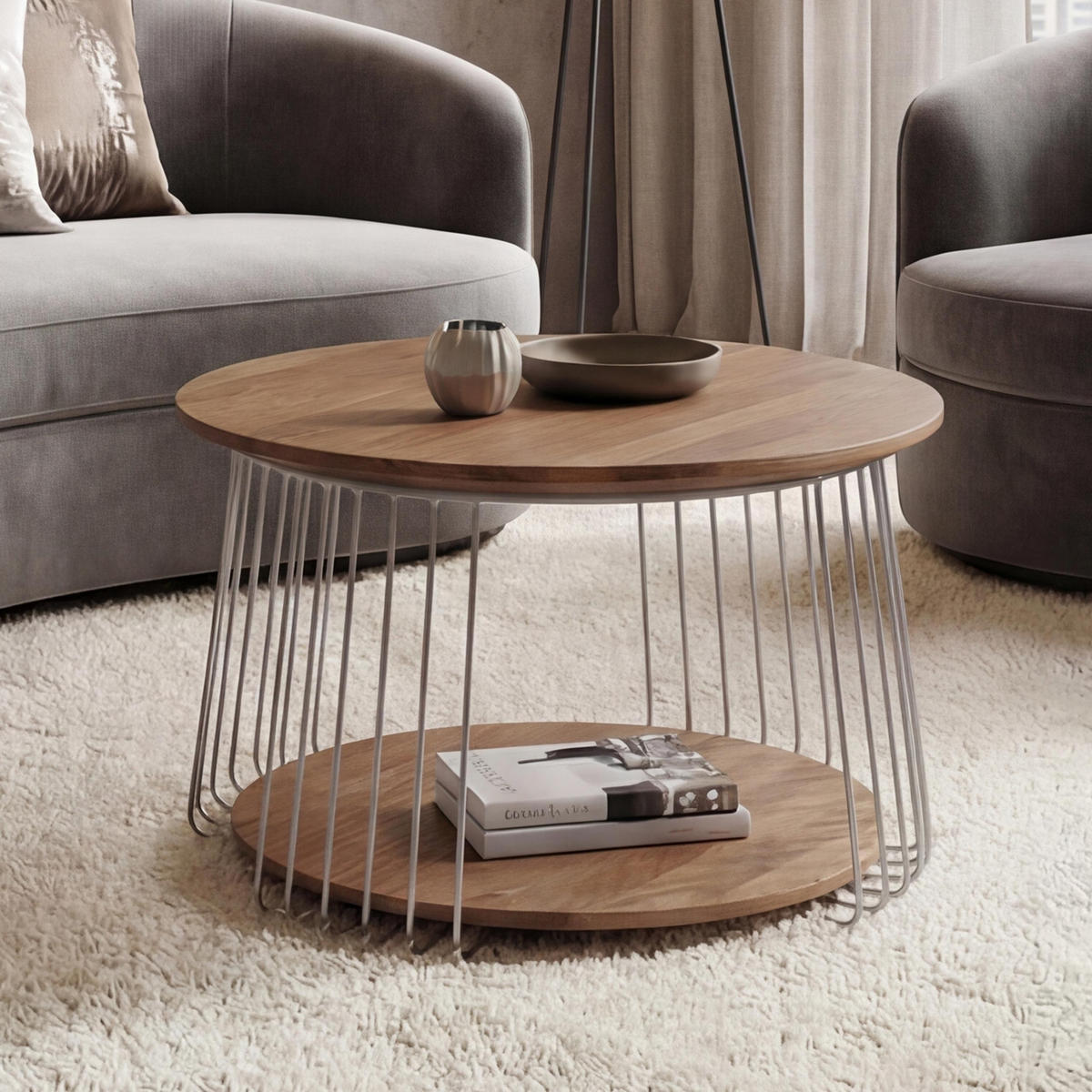 MIZA za kavč okrogla Rjava, srebrna - srebrne barve/rjava, les (70/70/44cm) - MCW