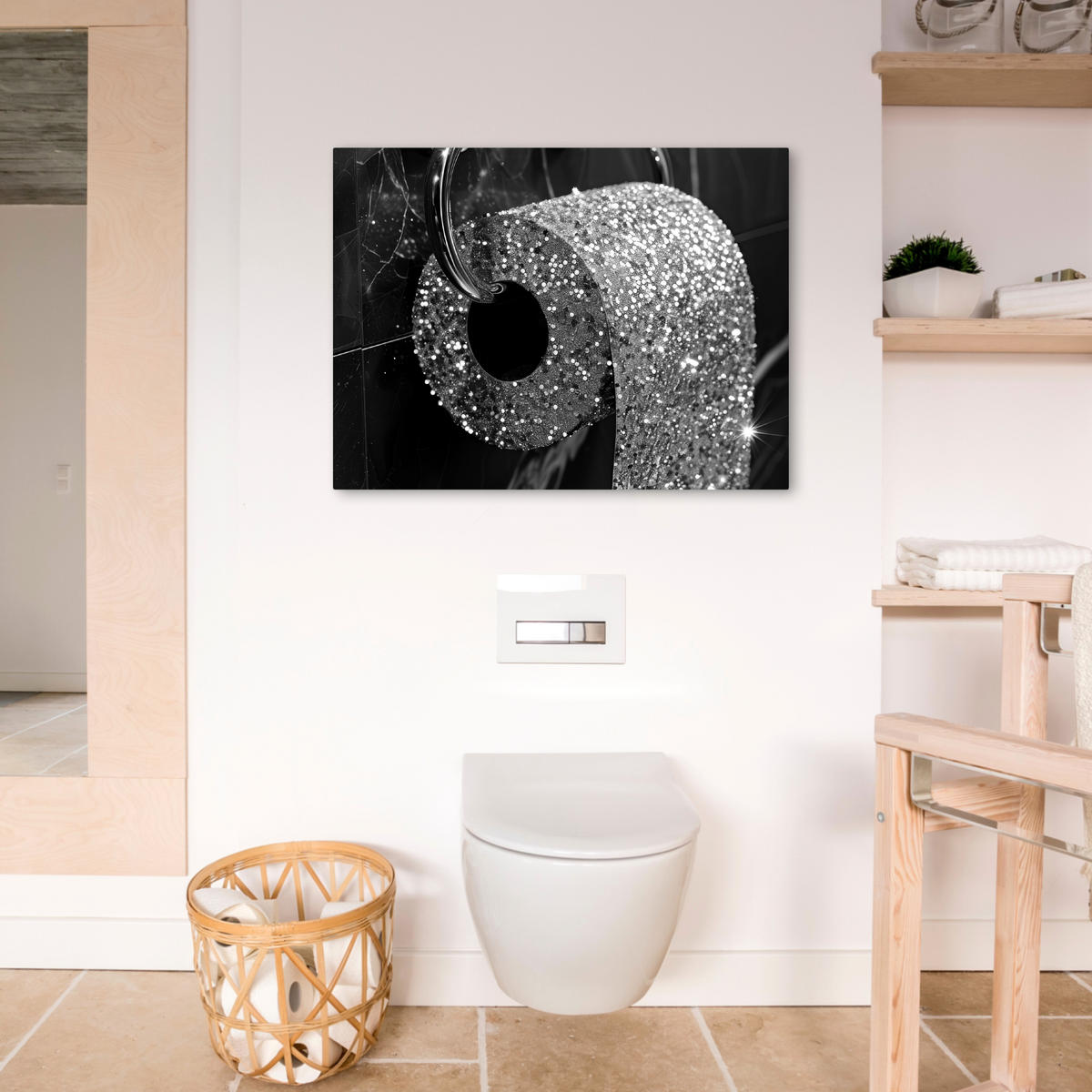 LEINWANDBILD WC - Toilettenpapier - Schwarz und weiß - Glitter Wandbilder 80x60 cm - Silberfarben, Textil (80/60cm) - MuchoWow