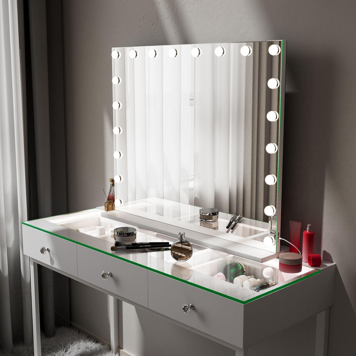 SCHMINKSPIEGEL mit LED-Beleuchtung weiß 100/80 cm - Weiß, Metall (100/80/15cm) - VANITII
