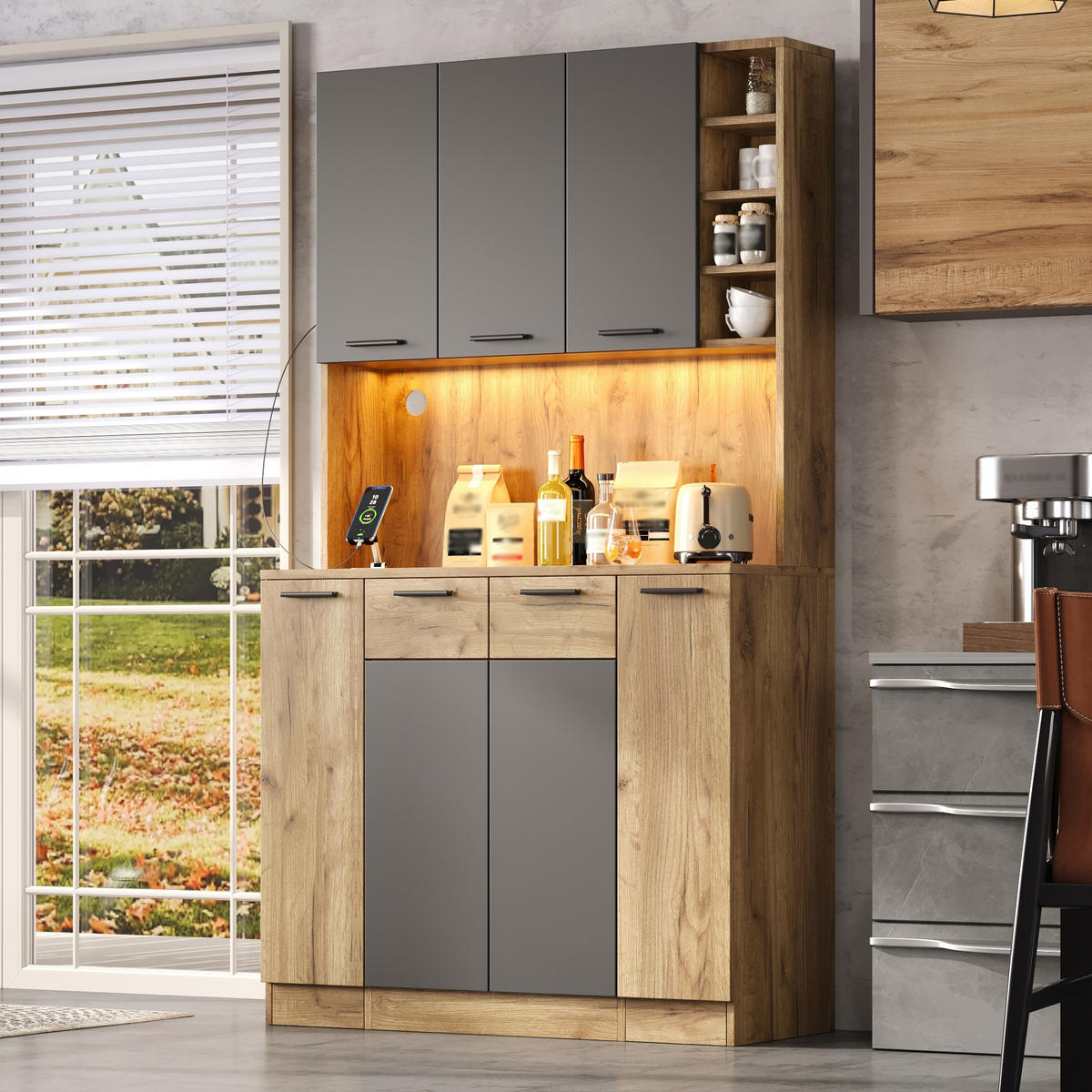 BUFFET DE-38704 100/40/180 cm LED-Beleuchtung und Steckdose Natur - Naturfarben, Holzwerkstoff (100/180/40cm) - ComfortXL