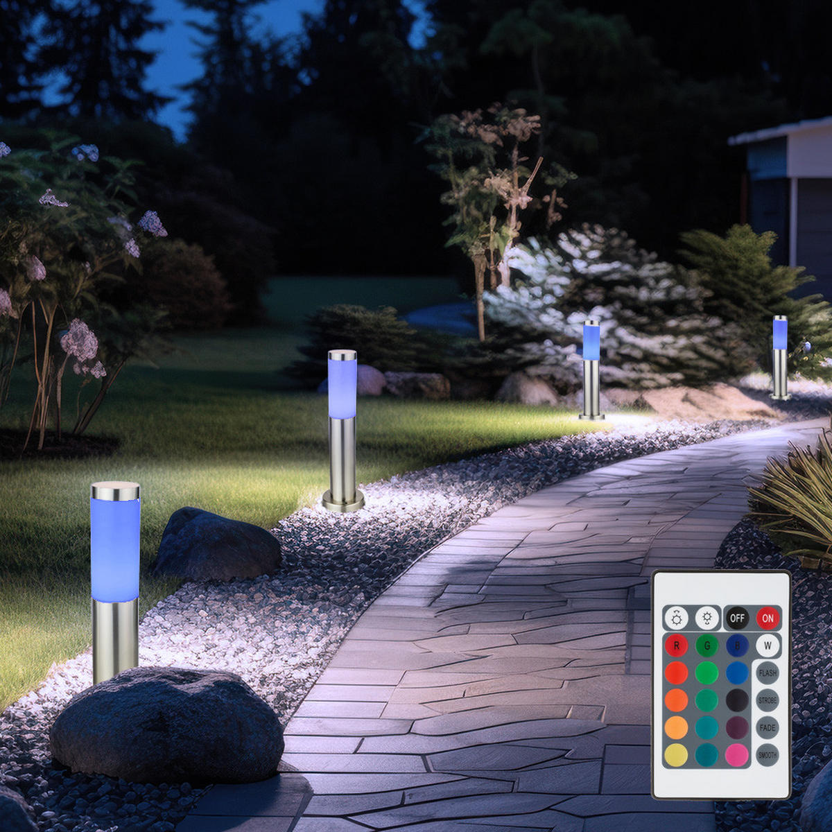 RGB LED STEHLEUCHTEN Edelstahl Silber 4er Set - Silberfarben, Metall (7.6/7.6/45cm) - Globo Lighting