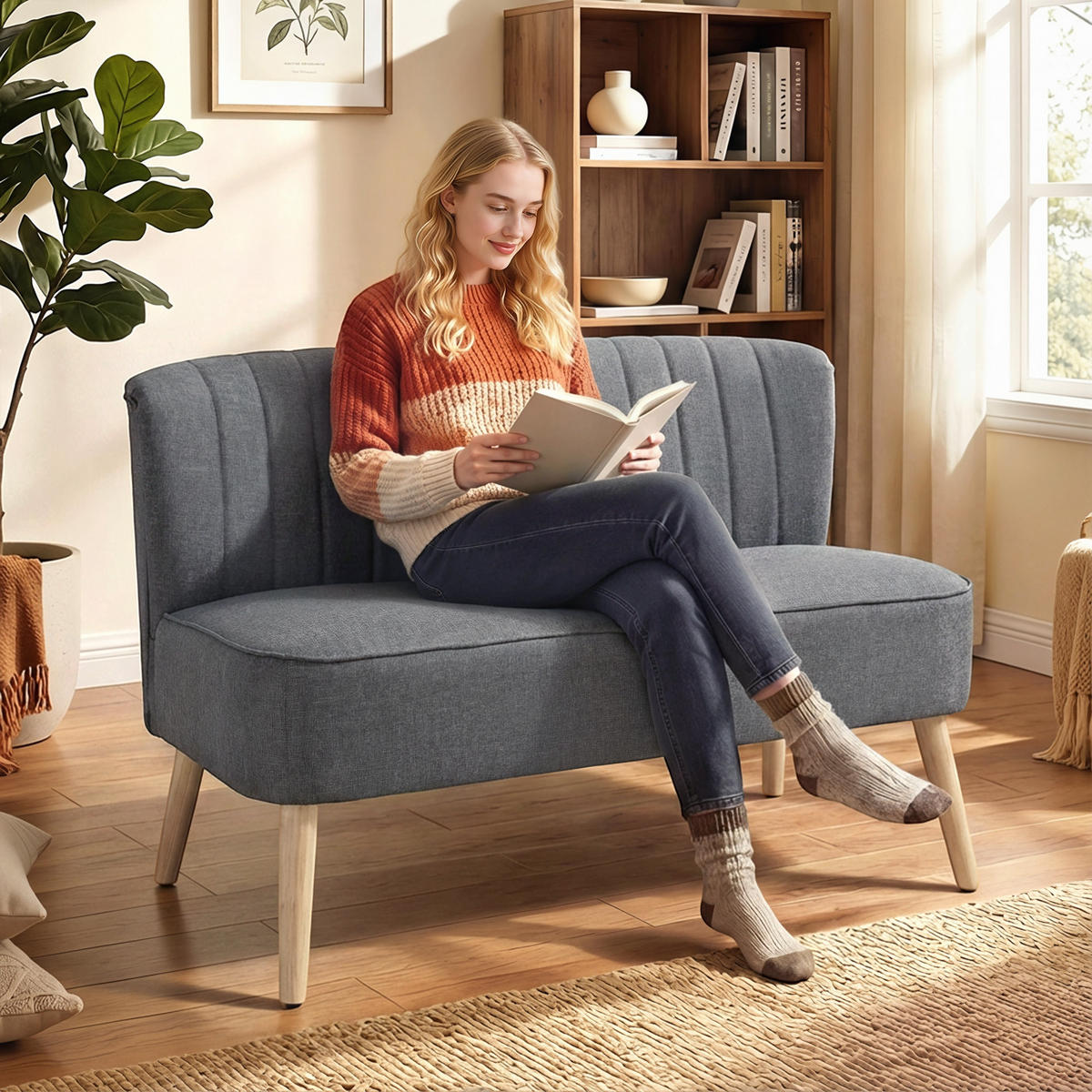 2-SITZER-SOFA DE-06551 Polstersofa Leinenoptik, Holzrahmen Grau - Grau, Holz/Textil (117/77/56.5cm) - ComfortXL