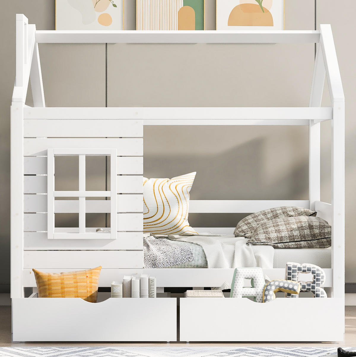 KINDERBETT 80/160 cm mit Rausfallschutz, Fenstern und 2 Bettkästen aus Kiefer Massivholz, Weiß - Weiß, Holzwerkstoff (80/160cm) - Redom