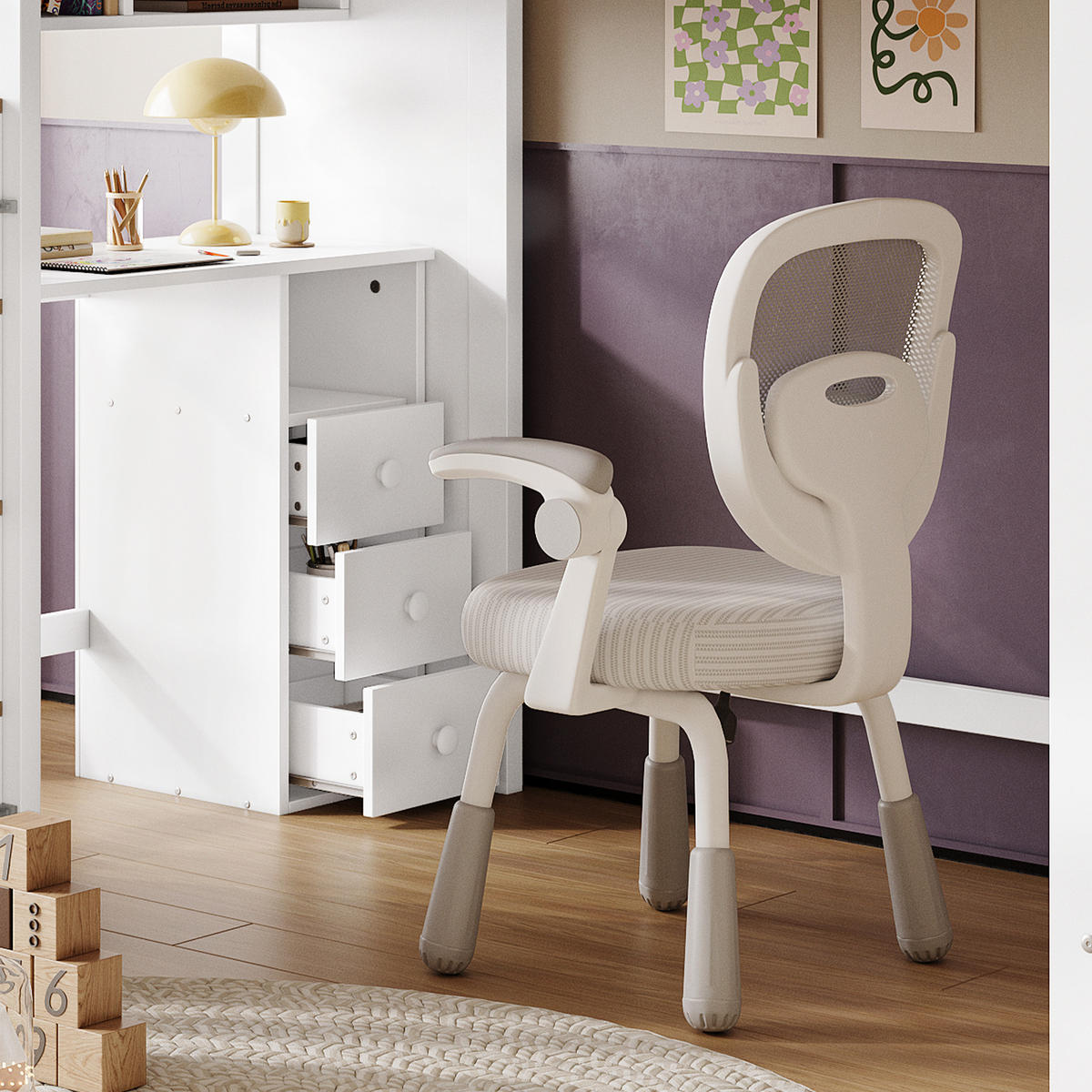 ETAGENBETT 90/200 cm Weiß+Natur mit Schreibtisch und Stauraumtreppe - Weiß, Holzwerkstoff (90/200cm) - OKWISH