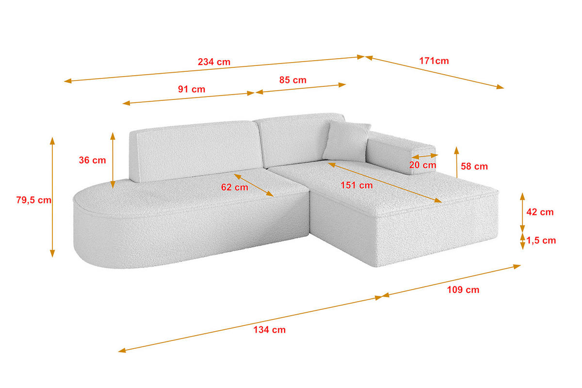ECKSOFA Ottomane Rechts IREA-L1-v4 - 234x171x79 cm Weiß - Weiß, Holzwerkstoff/Textil (171/234cm) - ALTDECOR