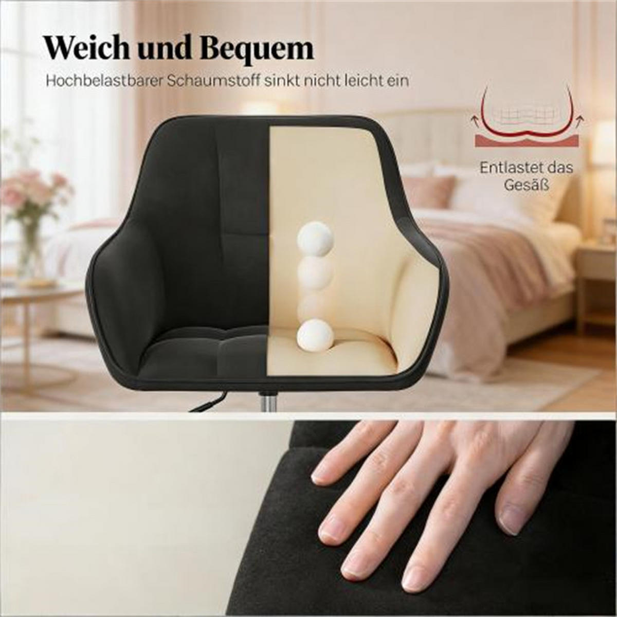 DREHSTUHL Ergonomisch Schwarz, Metall & Samt, höhenverstellbar, drehbar & rollbar, 61 x 40,5 x 40 cm - Schwarz, Metall (61/40/40.5cm) - Albatros