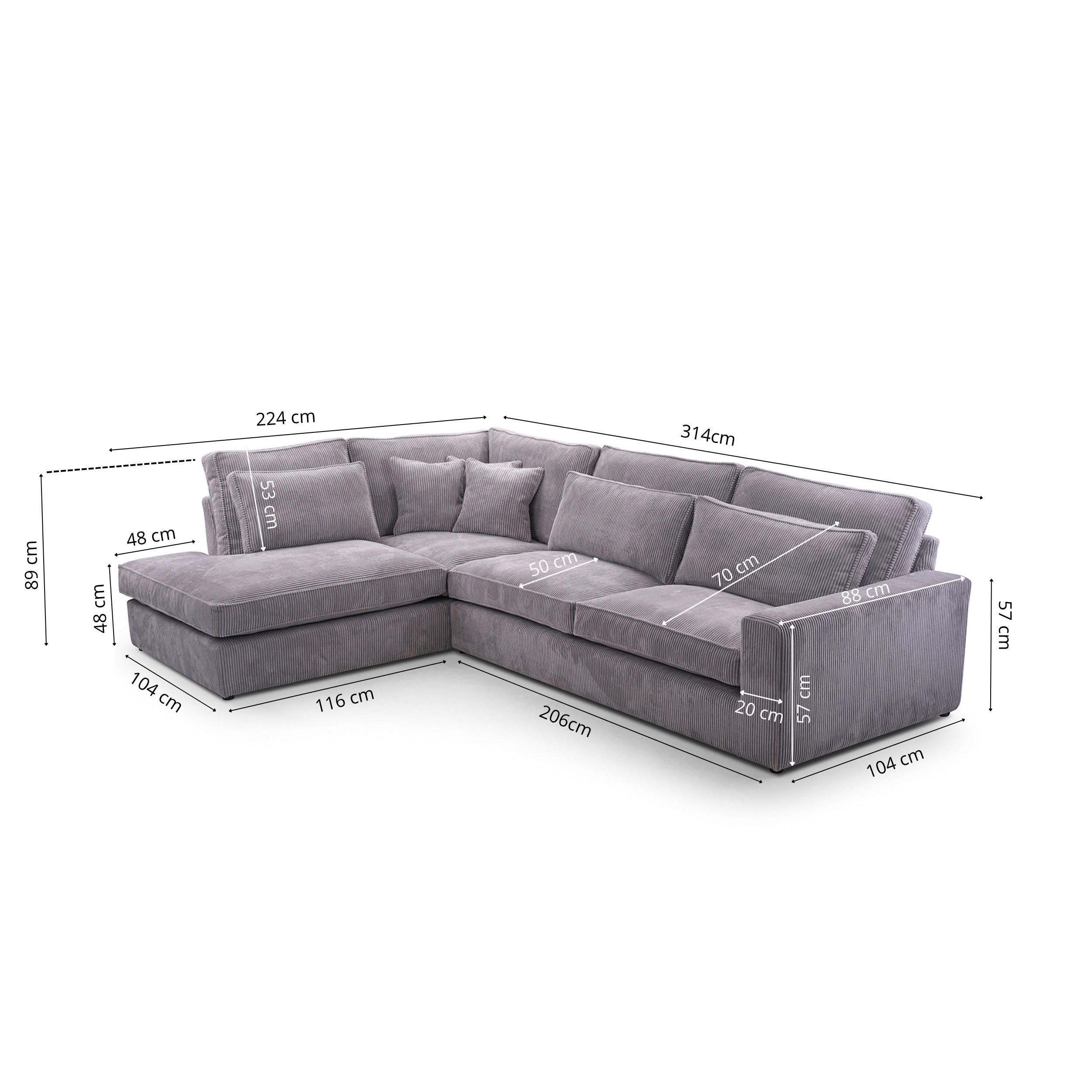 ECKSOFA COMFORTO STANDARD CORD Links 314 x 224 cm - Braun, Textil (224/314cm) - AN-Moebel 4u