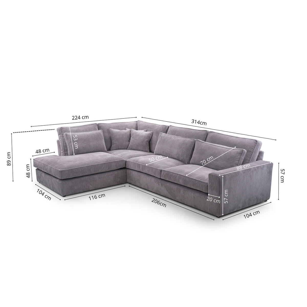 ECKSOFA COMFORTO STANDARD CORD Links 314 x 224 cm - Braun, Textil (224/314cm) - AN-Moebel 4u