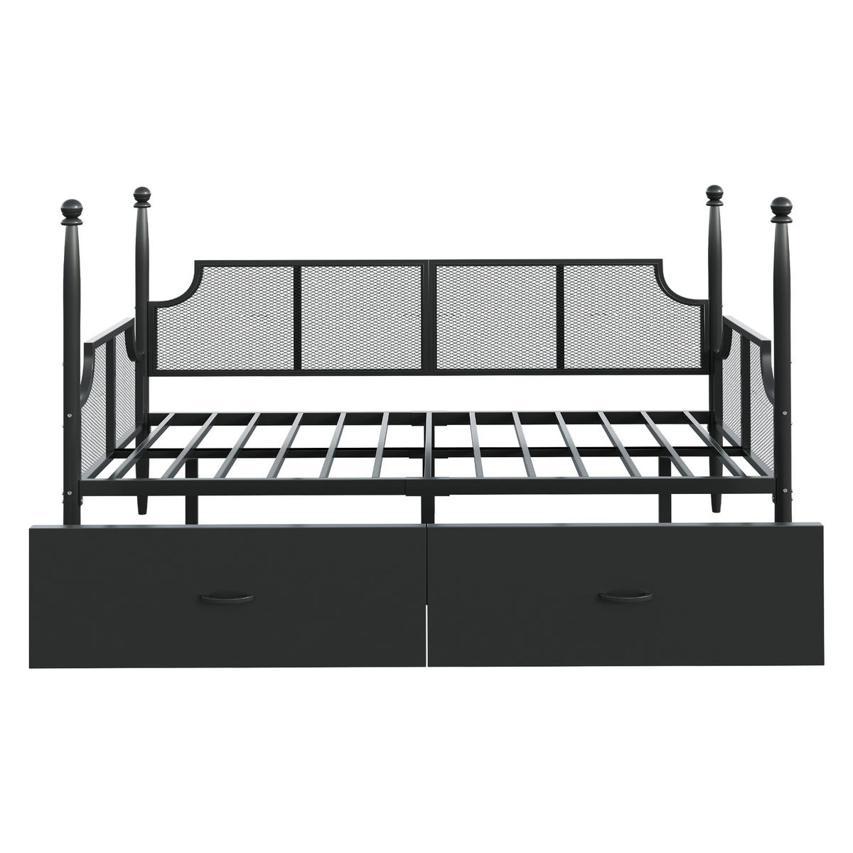 METALLBETT 90/200 cm Schwarz mit Netzrückenlehne und Ablagefächern - Schwarz, Metall (90/200cm) - Oxeza