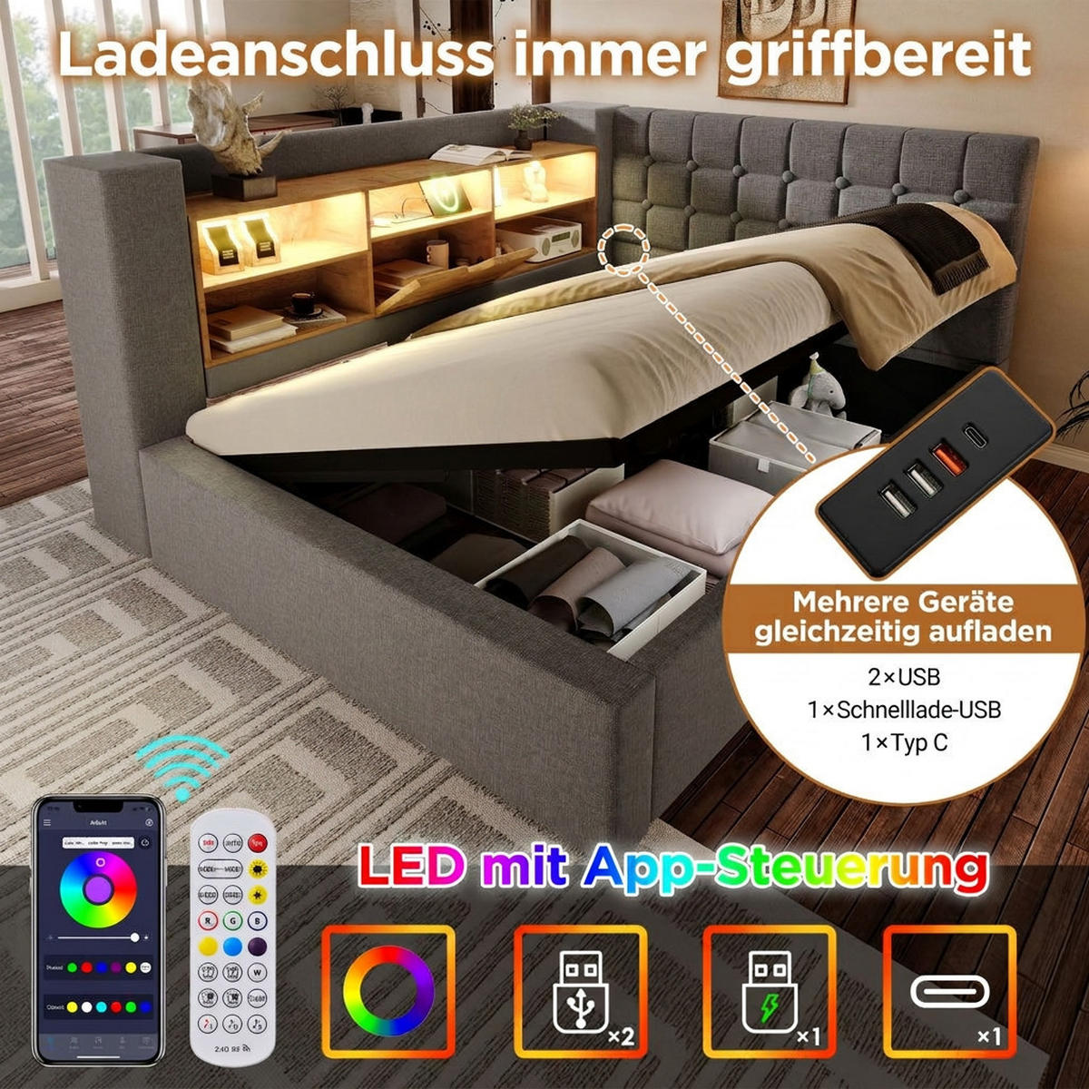 POLSTERBETT 140/200 cm Grau mit LED-Beleuchtung und Stauraum (Ohne Matratze) - Grau, Textil (140/200cm) - Oxeza
