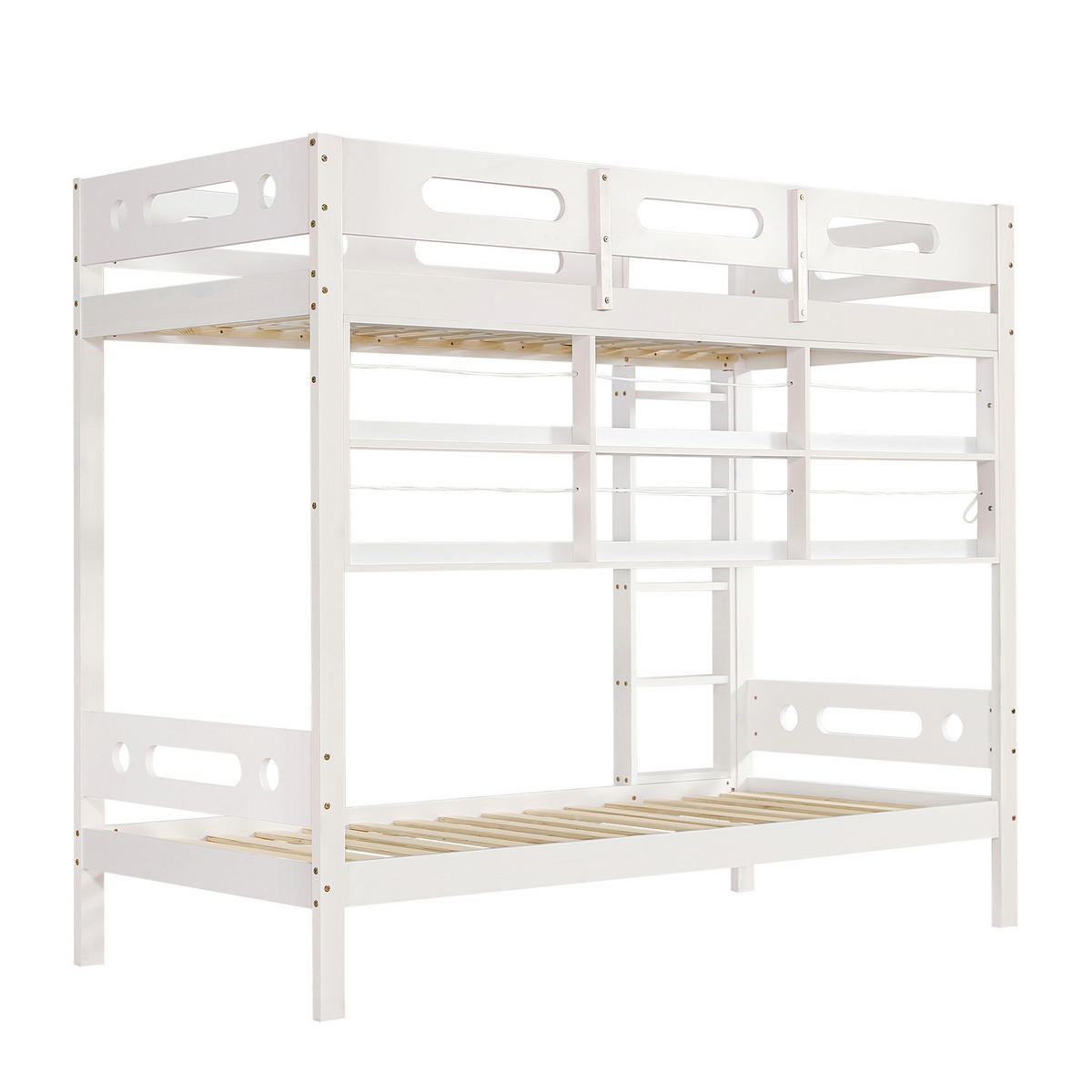 ETAGENBETT mit Regal und 5-stufiger Leiter 90x200 cm Weiß Natur - Beige, Holz (90/200cm) - Meubliv