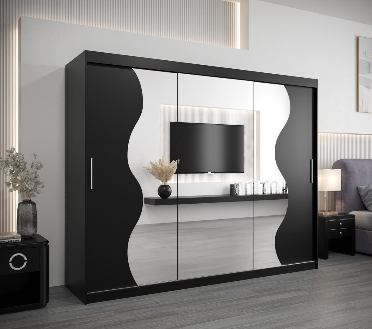 SCHWEBETÜRENSCHRANK 200/250/62 3-türig - Silberfarben/Schwarz, Holz/Kunststoff (250/200/62cm) - Abiks Möbel