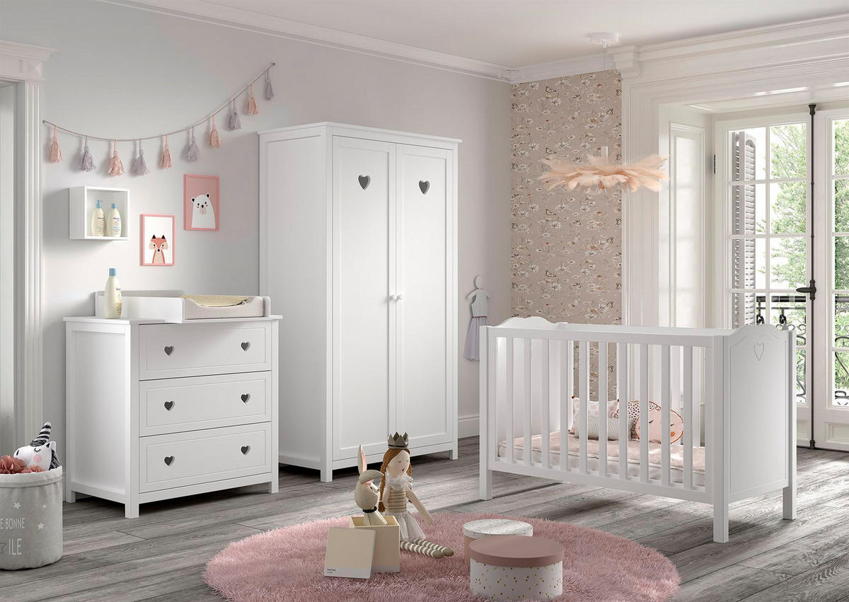 BABYZIMMER SET Kamila 4tlg Weiß Bett Kommode Schrank - Weiß, Holz (57/191/110cm) - 58aufmkessel