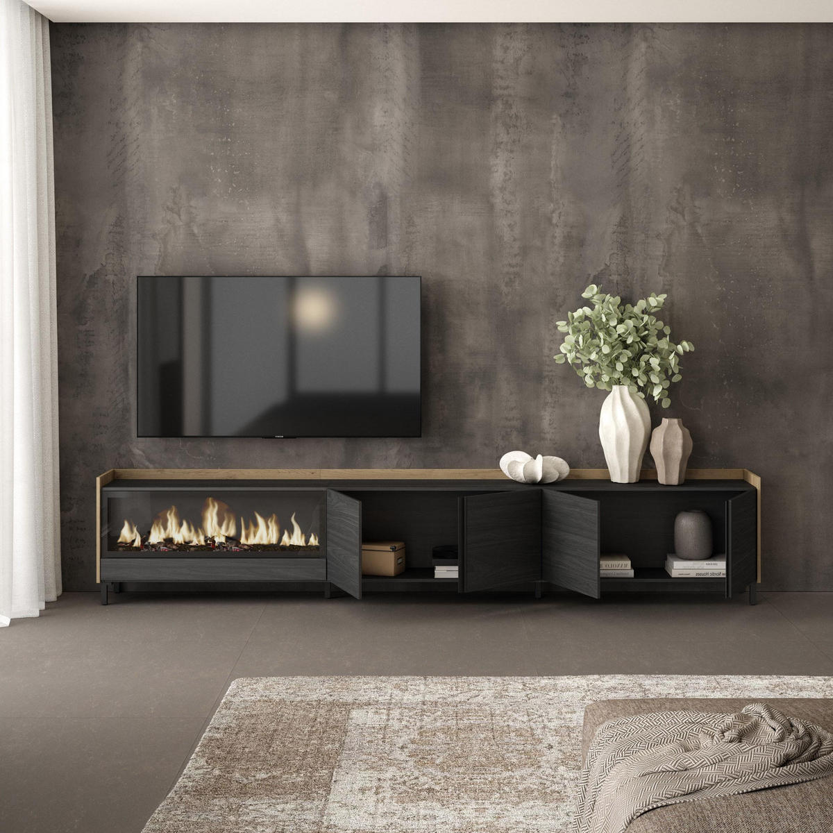 LOWBOARD, Schwarz und Eiche, 315/35/61cm, Kamin mit Feuereffekt XXL - Schwarz, Holzwerkstoff (315/61/35cm) - Skraut Home