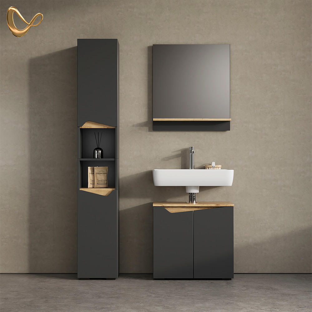BADSCHRANK Timavo Anthrazit 30 x 180 cm mit Türen, und offenen Fächern - Anthrazit, Holzwerkstoff (30/180/35cm) - Livinity®