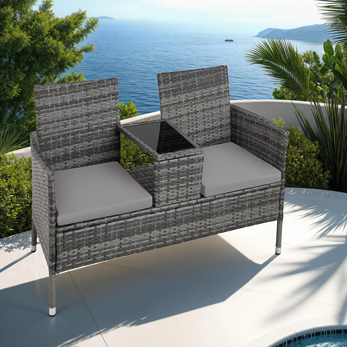 RATTAN GARTENSITZBANK Narbonne,131 x 59 x 82 cm,grau/hellgrau - Grau, Kunststoff (61/82/131cm) - tectake
