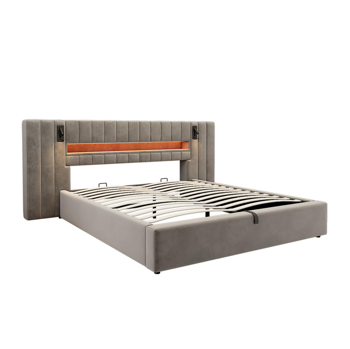 POLSTERBETT 180/200 cm mit LED-Beleuchtung, USB-Anschlüssen, Nachttischlampe und Bettkasten, Grau - Grau, Textil (180/200cm) - Redom