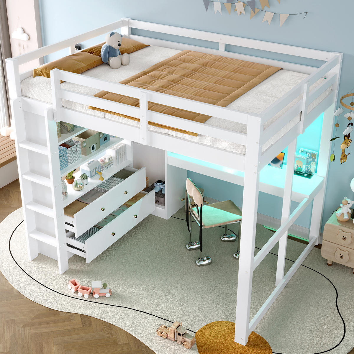 HOCHBETT 140/200 cm in Weiß mit 2 Schubladen, Regal, LED und USB Massivholz & MDF - Weiß, Holz/Holzwerkstoff (140/200cm) - CHICFURN