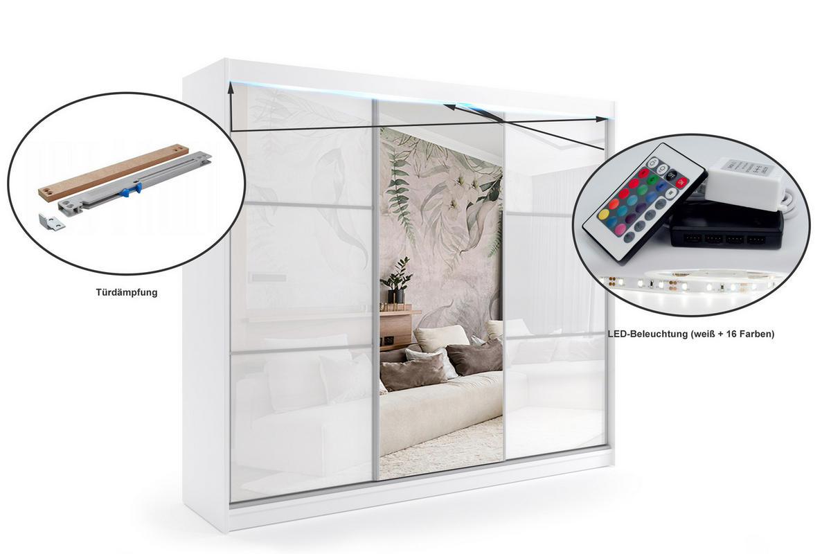 KLEIDERSCHRANK mit Spiegel-Schiebetüren und Aluminium-Leisten, LED-Beleuchtung - VIVI - 240 cm Weiß - Weiß, Holzwerkstoff (240/216/61cm) - ALTDECOR