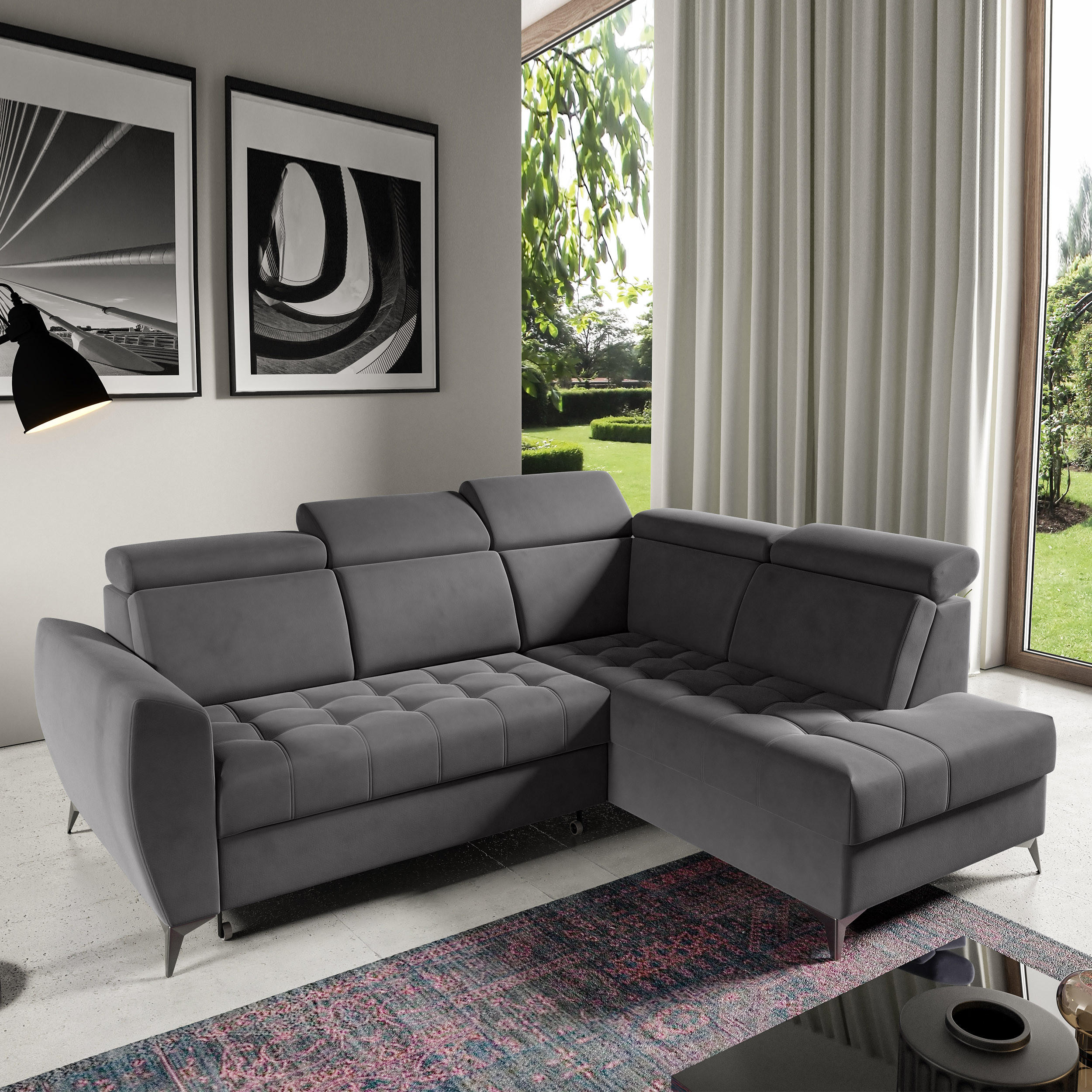 ECKSCHLAFSOFA Aurora II mit verstellbare Kopfstützen, Anthrazit, rechts - Anthrazit/Schwarz, Textil (266/204cm) - Beautysofa