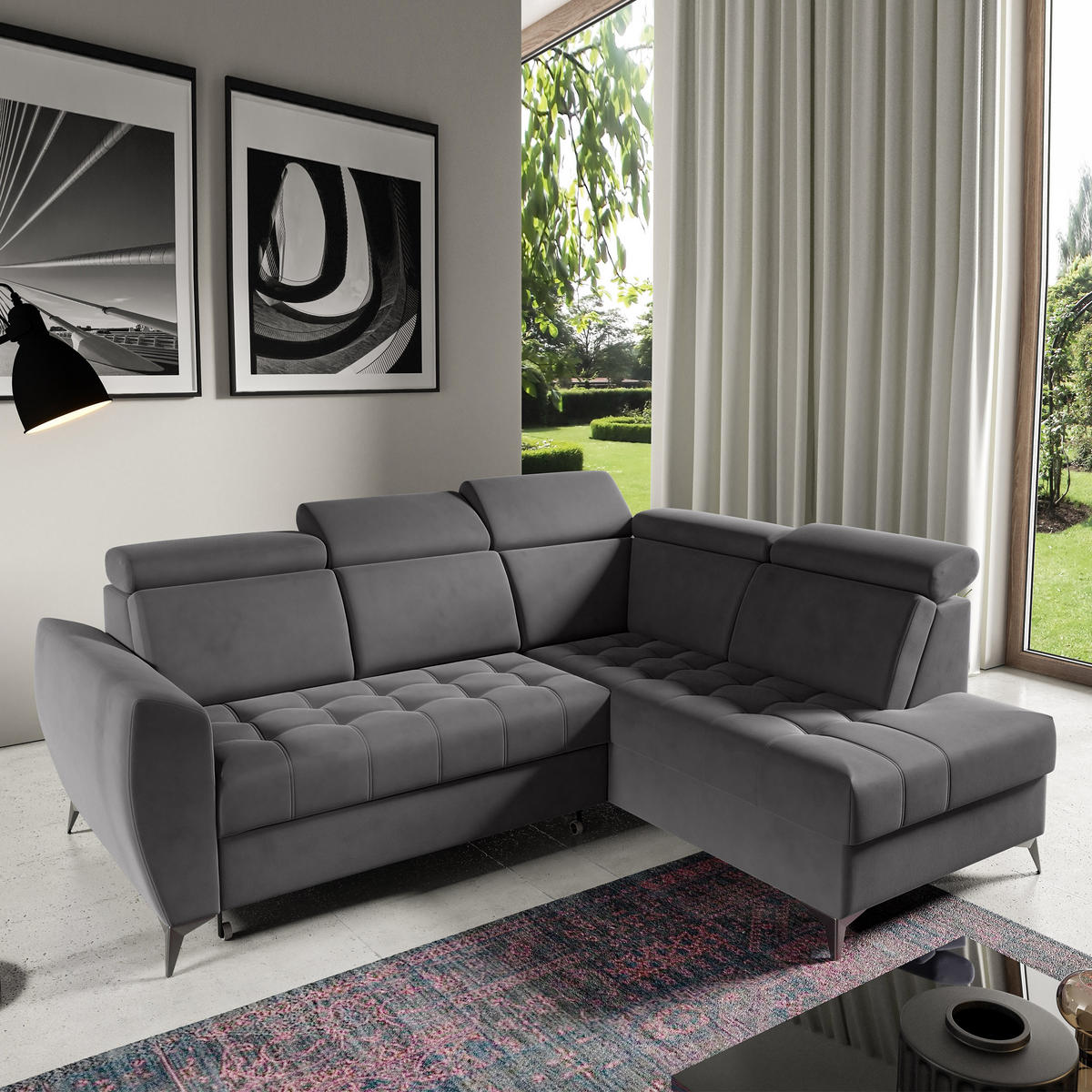 ECKSCHLAFSOFA Aurora II mit verstellbare Kopfstützen, Anthrazit, rechts - Anthrazit/Schwarz, Textil (266/204cm) - Beautysofa
